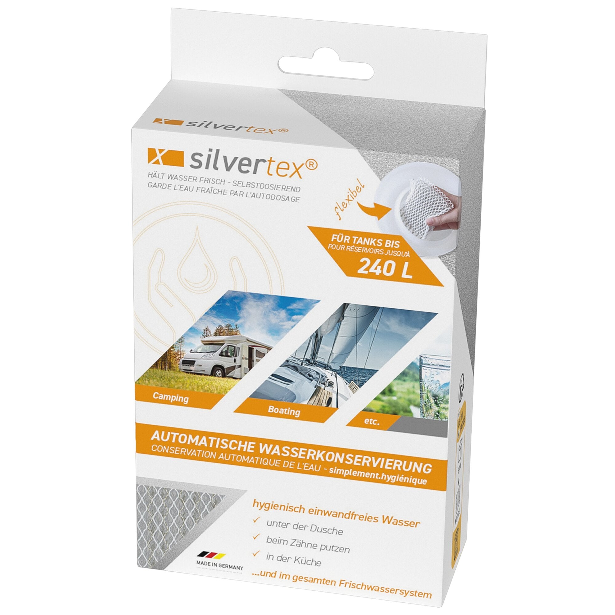 Verpackungsschachtel in Weiß mit Silvertex Logos, 240 L, orange Akzente, Abbildungen von Camping und Boote; Griffausschnitt oben