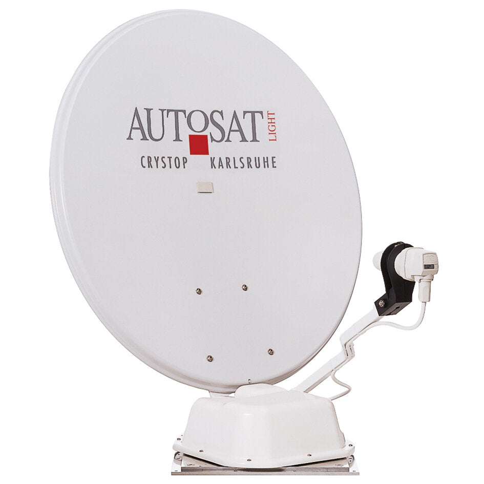 Weiße Satellitenantenne mit rundem Parabolspiegel, LNB-Arm und Montagefuß, Logo AutoSat Light S Digital Twin sichtbar