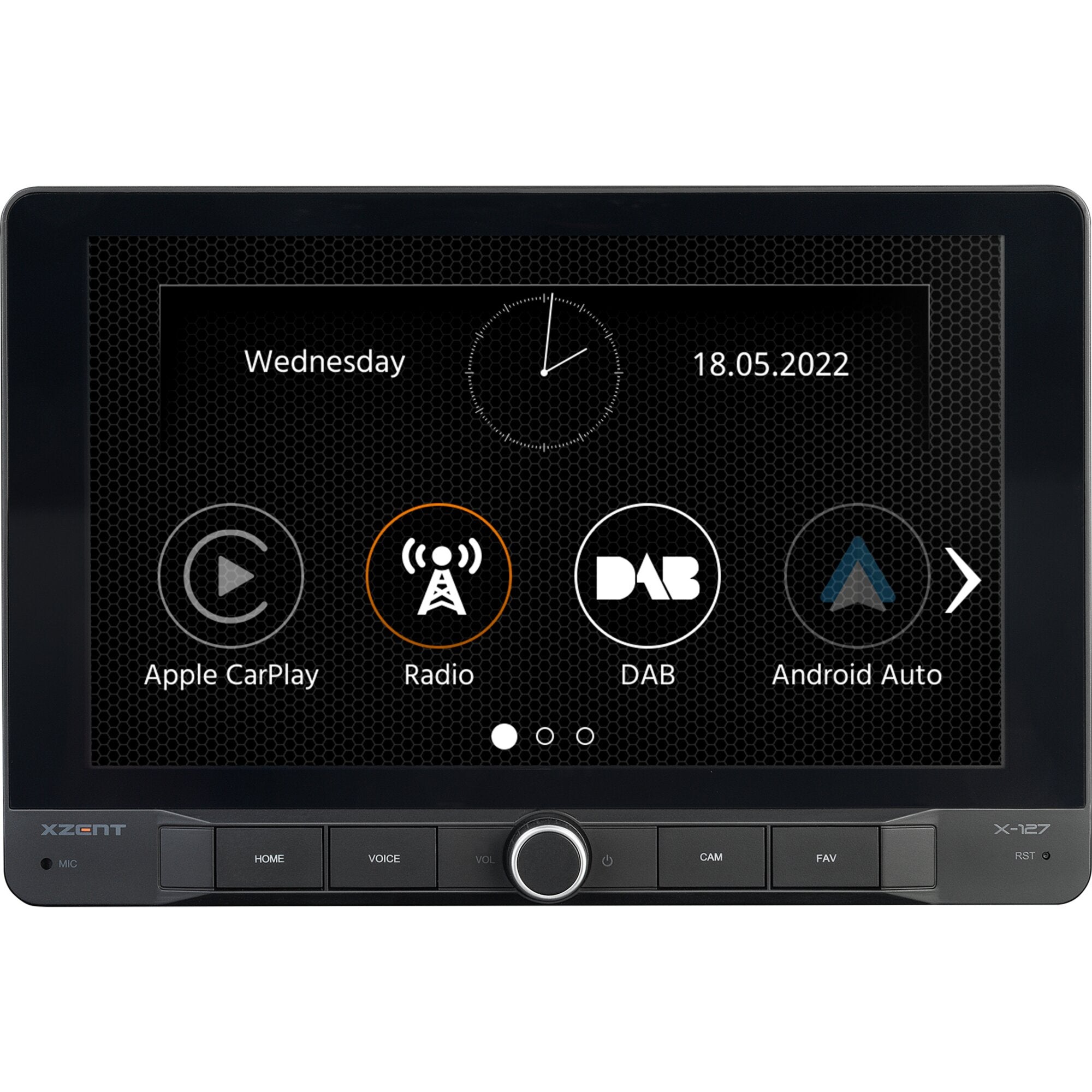 Moniceiver XZENT X-127 mit schwarzem Rahmen und Touchscreen zeigt Uhrzeit, Datum sowie Symbole für Apple CarPlay, Radio, DAB Android Auto