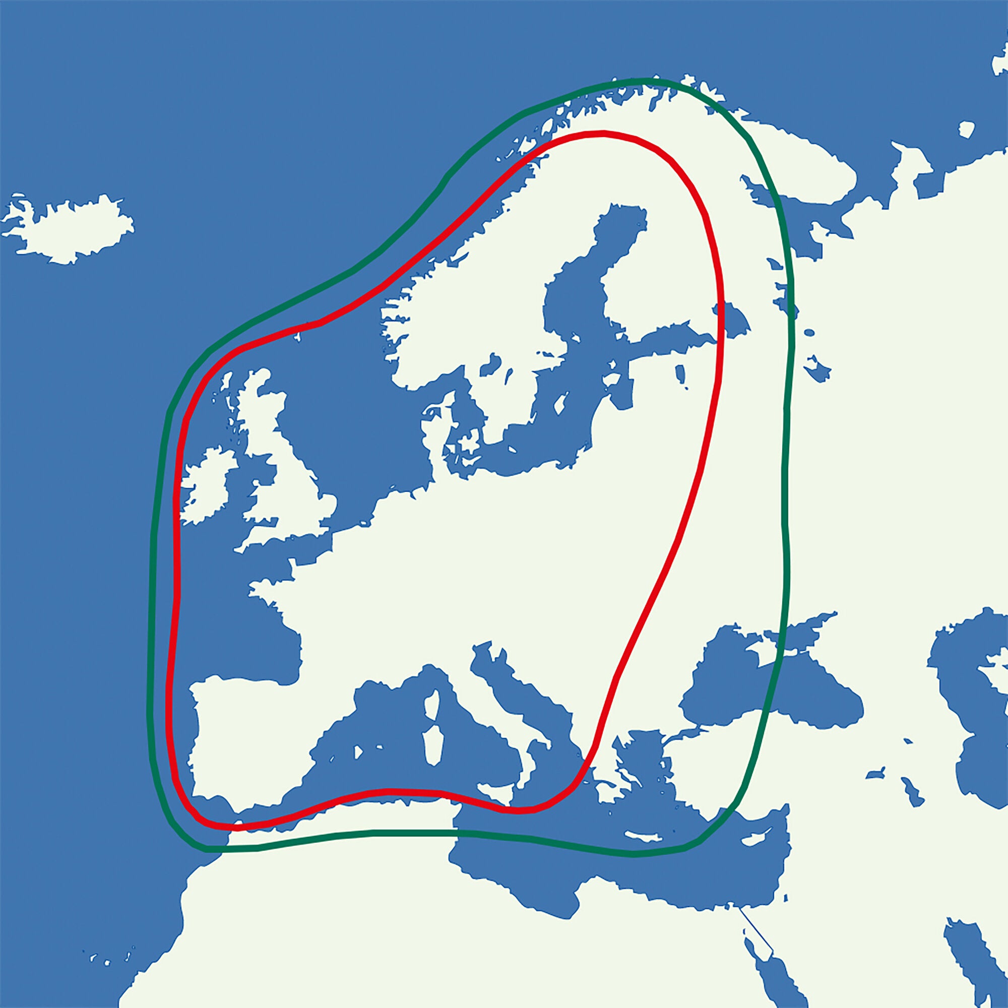 Weltkartenartige Grafik mit blauem Ozean, hellen Kontinenten und zwei geschwungenen Linien in Rot und Grün