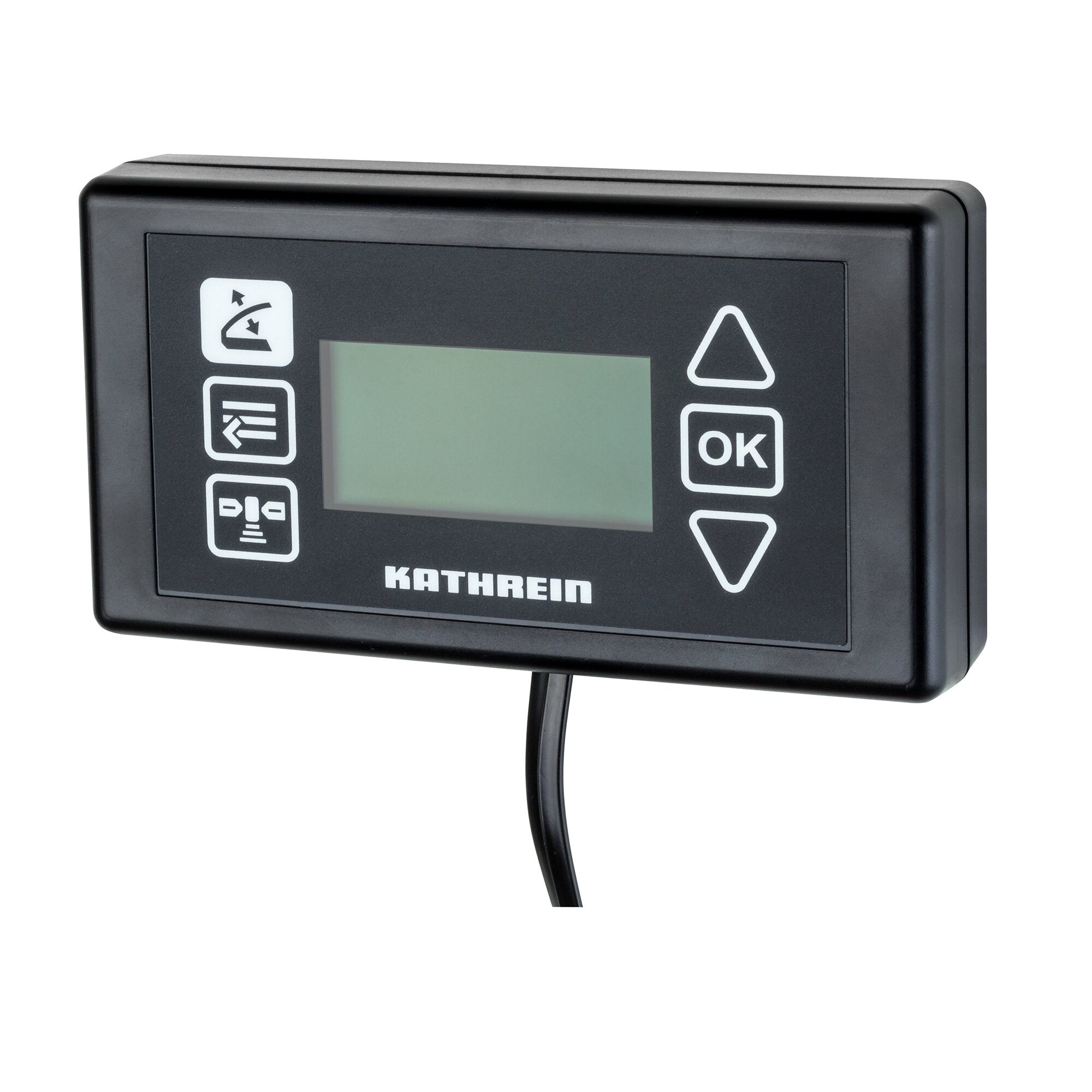 Schwarzes Bedienfeld mit grünem Display, links vertikale Icon-Tasten, rechts Pfeile und OK-Symbol, unten KATHREIN, zwei Kabel führen ab