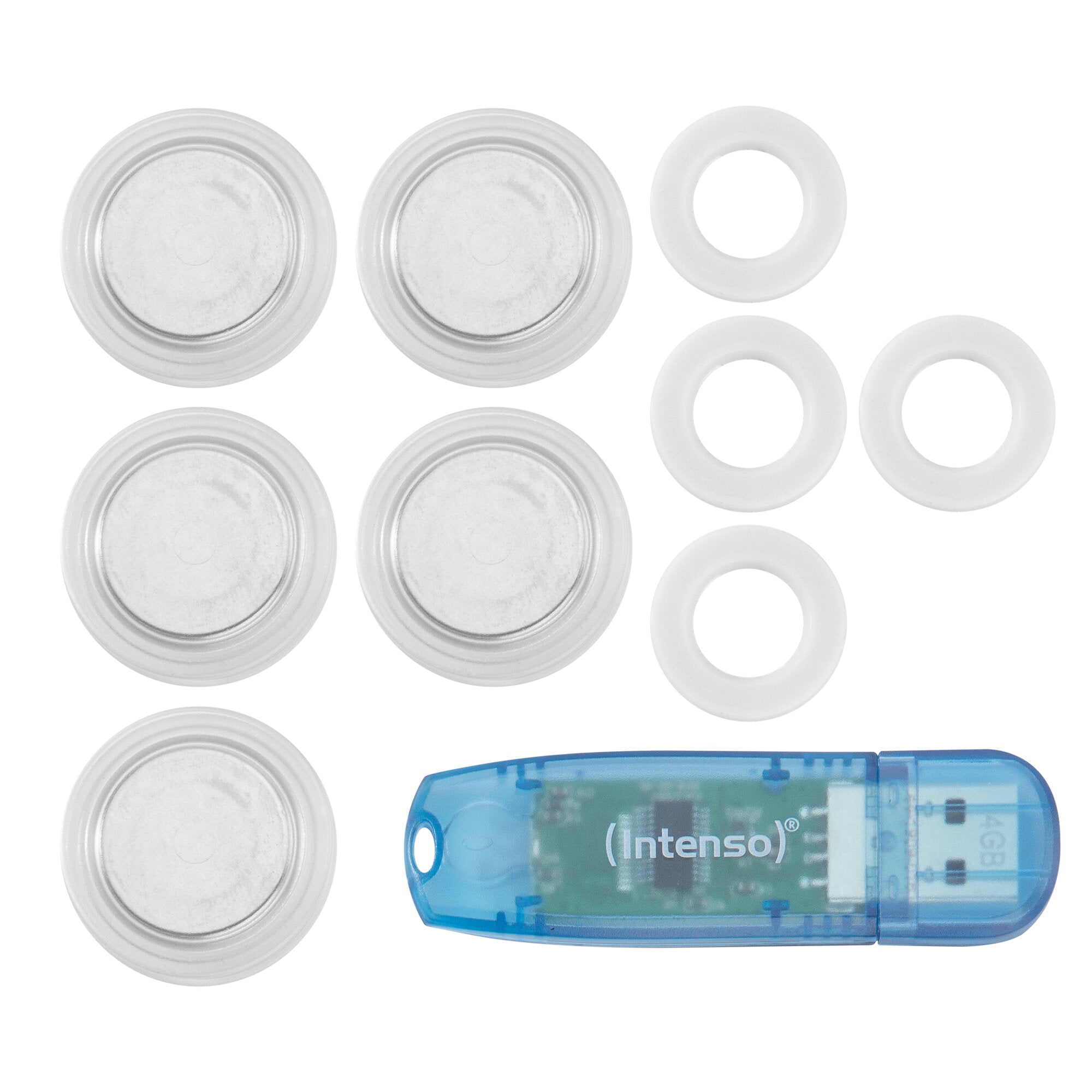 Starter-Magnetset mit mehreren silbernen runden Magneten und weißen ringförmigen Dichtungsringen, daneben ein blaues transparentes Gehäuse