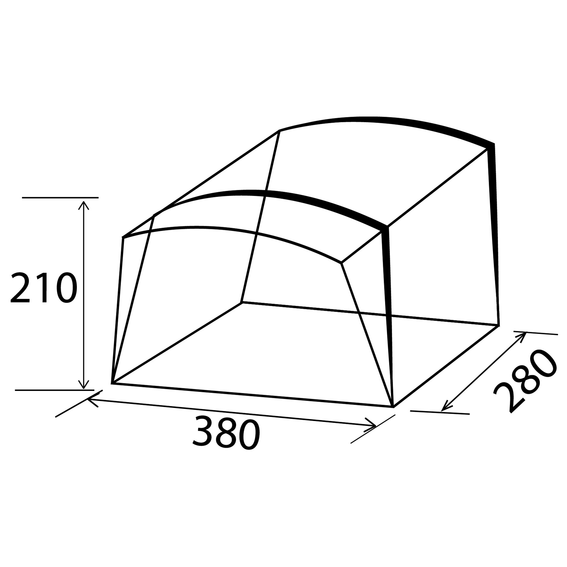 Technische Zeichnung eines Busvorzeltes mit gewölbtem Dach, rechteckigem Grundriss und Maßangaben Breite 380 cm Tiefe 290 cm Höhe 210 cm
