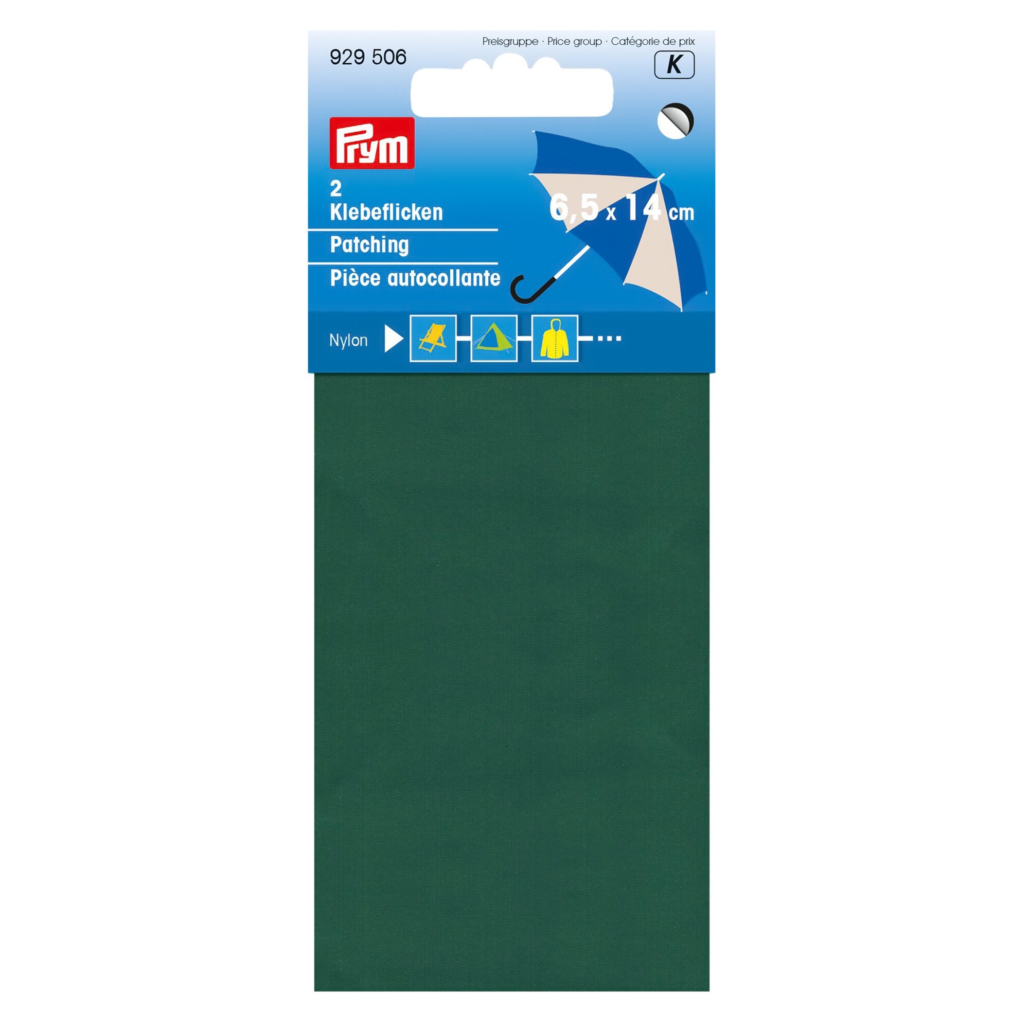 Grüne Nylon-Klebeflicken in blauer Verpackung, zwei Stück, Größe 6,5 x 14 cm, mit Prym-Logo und Regenschirm-Motiv