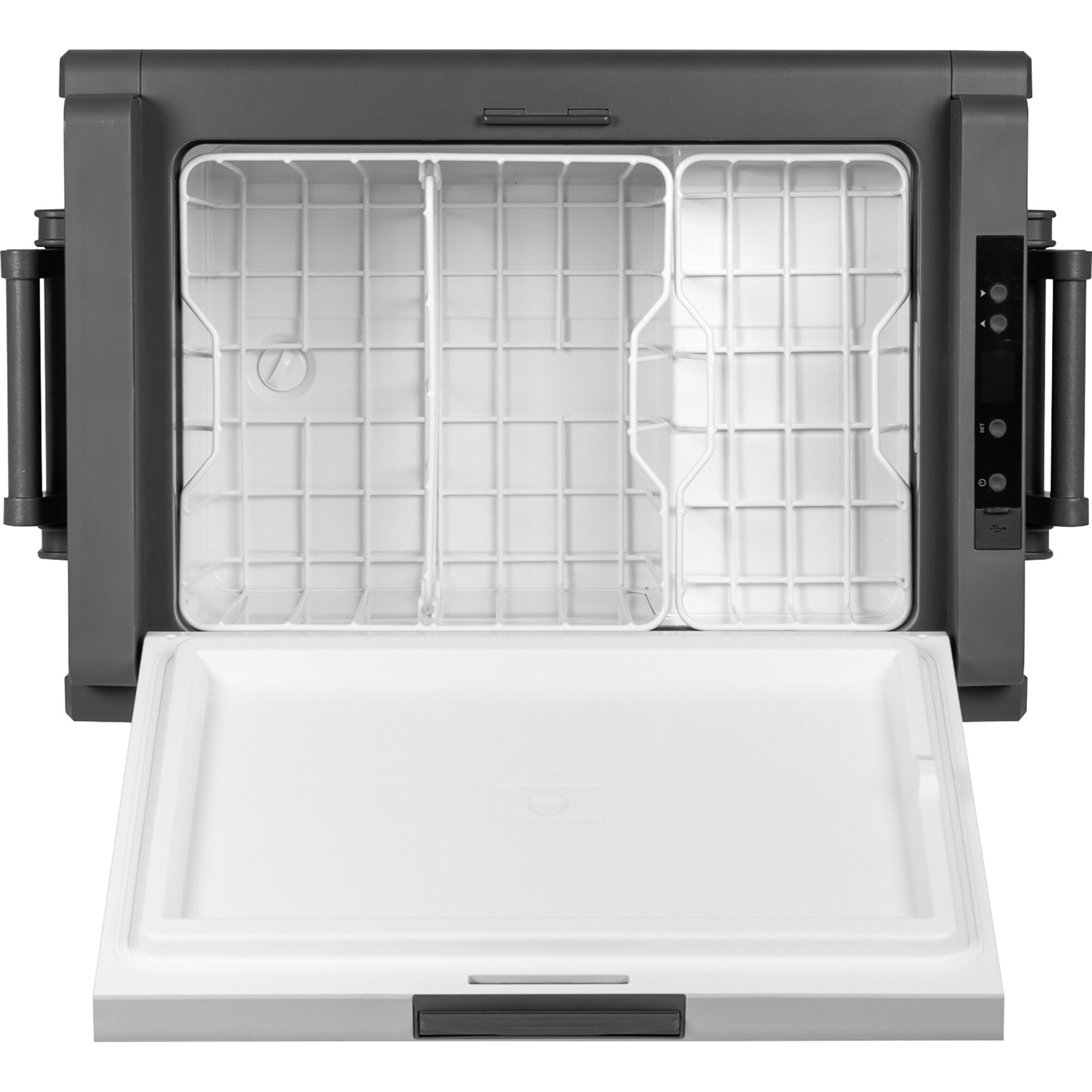 Kühlbox Polarys Criomaster 40 l mit dunklem Gehäuse und offener Front, weißem Innenraum mit Gitterablagen, seitliches Bedienfeld mit Knöpfen