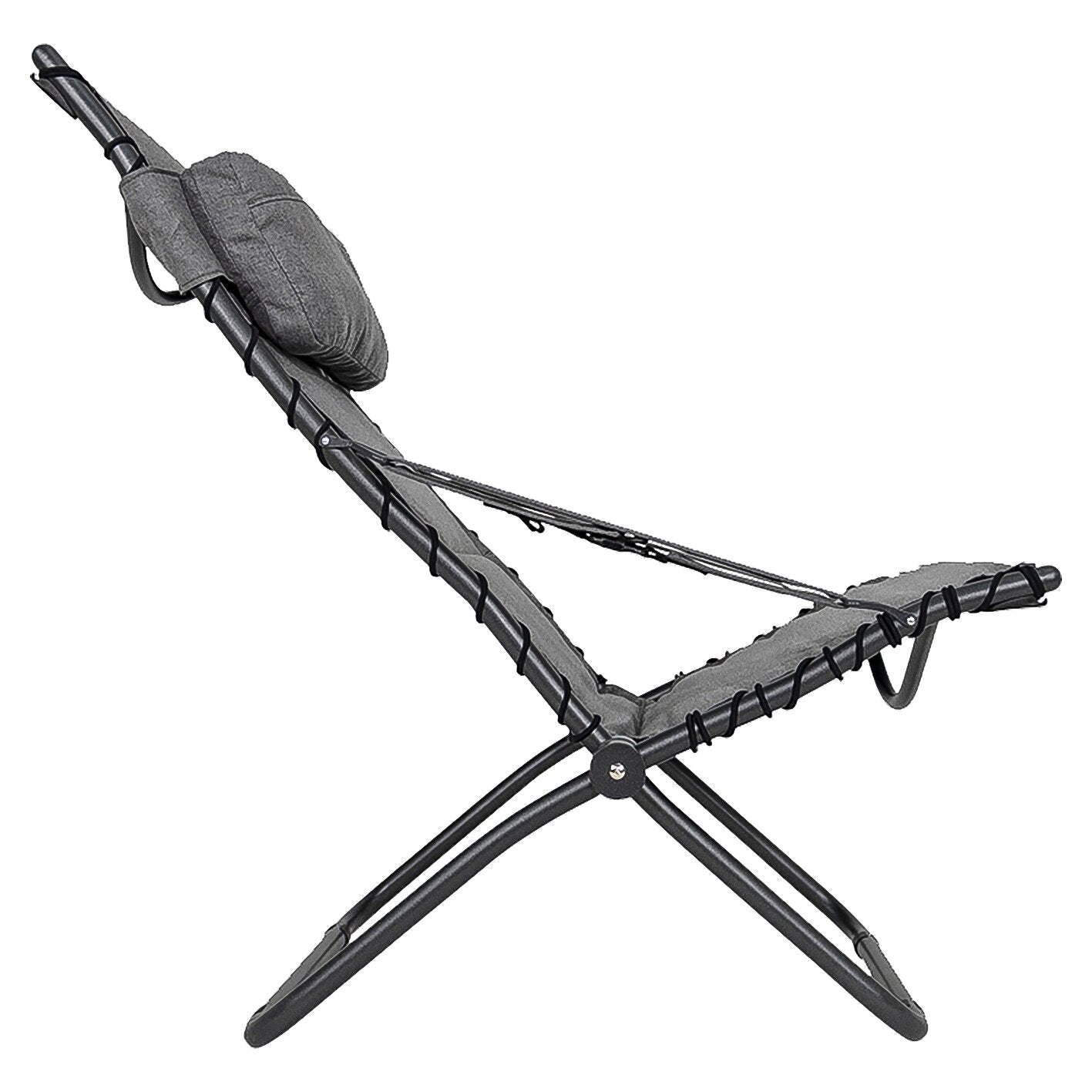 Relaxsessel AP/262 Tex-Comfort in hellgrau, Nahaufnahme eines faltbaren Rahmens mit gepolstertem Kissen und Gurte am grauen Metallgestell