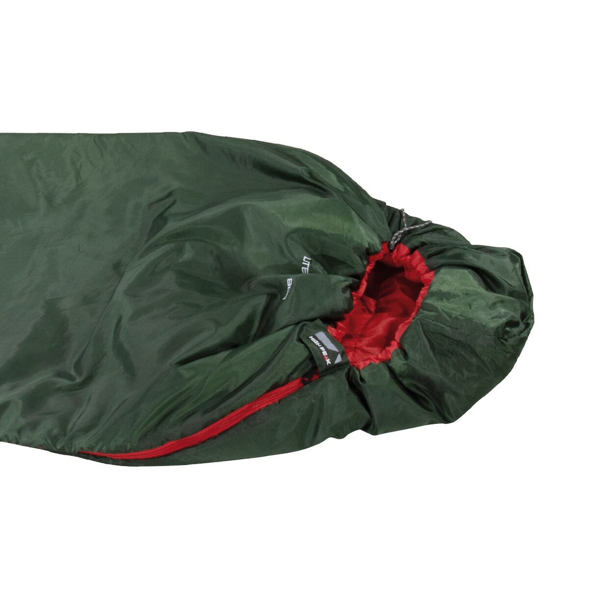 Grüner Mumienschlafsack Lite Pak 800, Außenmaterial grün, roter Innenstoff an der Öffnung sichtbar, rote Reißverschlussleiste am Rand