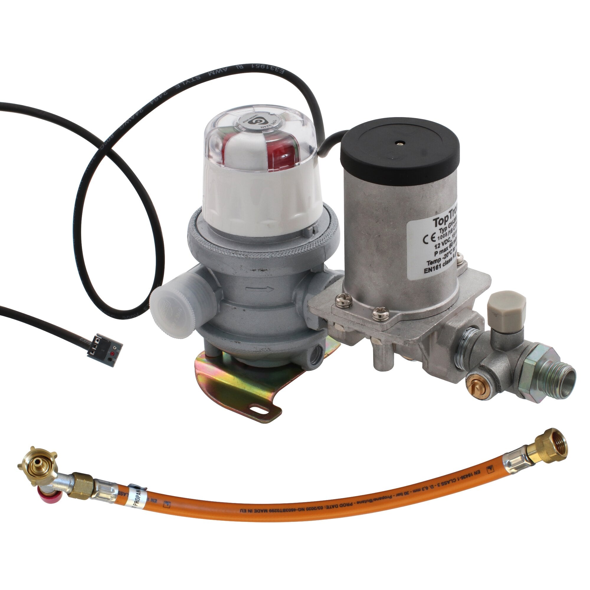 Zweiflaschenumschaltanlage Toptron mit grauem Gehäuse, transparentem Deckel und rotem Innenmechanismus, orange Gasschlauch