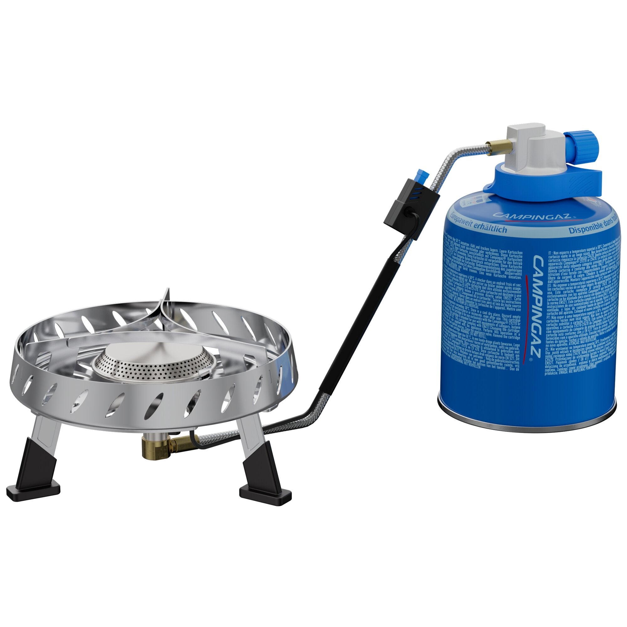 Blauer Campinggasbehälter mit Regler und Schlauchverbindung, verbunden mit einem tragbaren Metallbrenner mit Standfüßen und perforiertem Ring