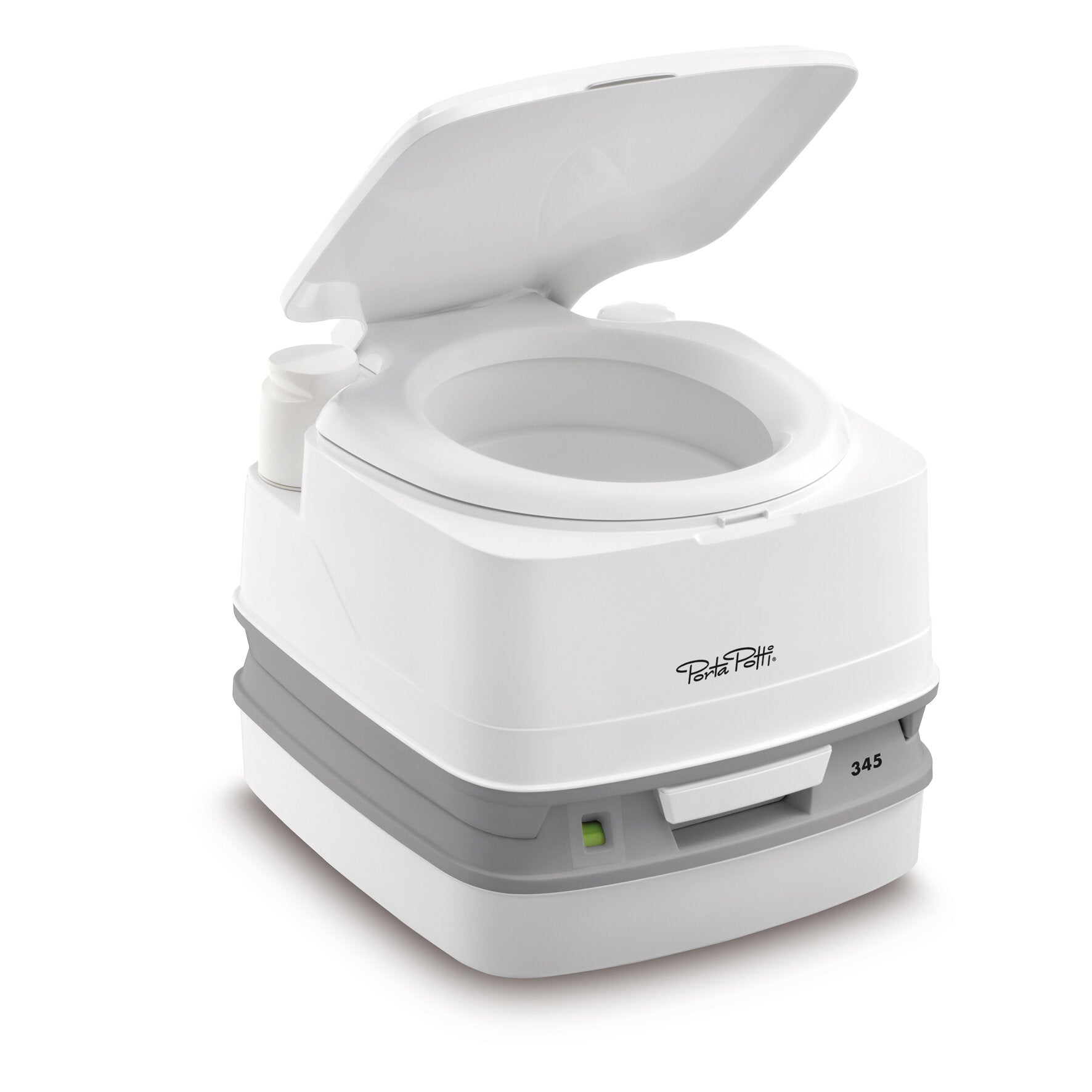 Weißes Porta Potti Campingtoilette mit offenem Deckel, sichtbarer Sitzöffnung und grauer Basis; Logo Porta Potti vorne sichtbar