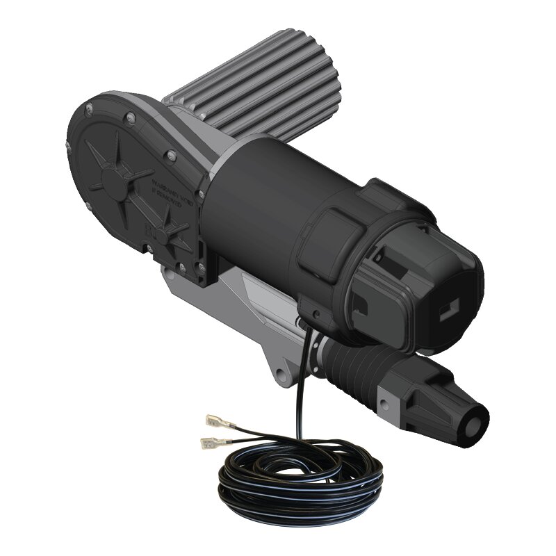 Getriebemotor Bauform B mit schwarzem Gehäuse, montierbarer Flansch, sichtbare grobe Ausgangswelle und Kabel mit zwei Steckern
