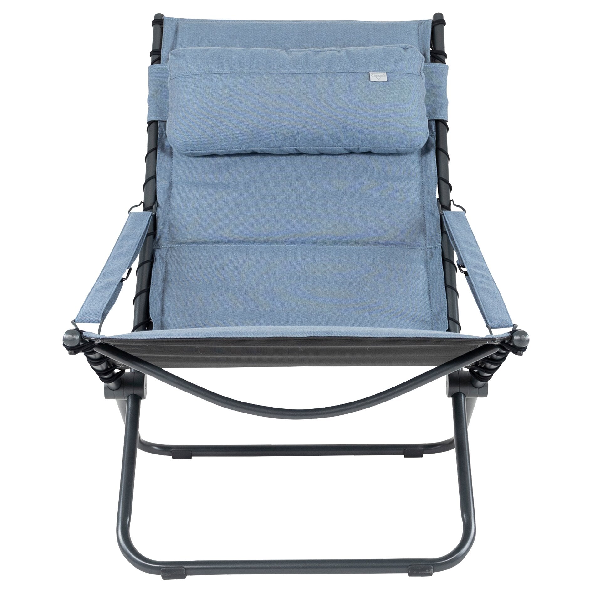 Ansicht eines blauen Relaxsessel AP/262 Tex-Comfort mit gepolsterter Rückenlehne, Kopfkissen und schwarzem Metallrahmen