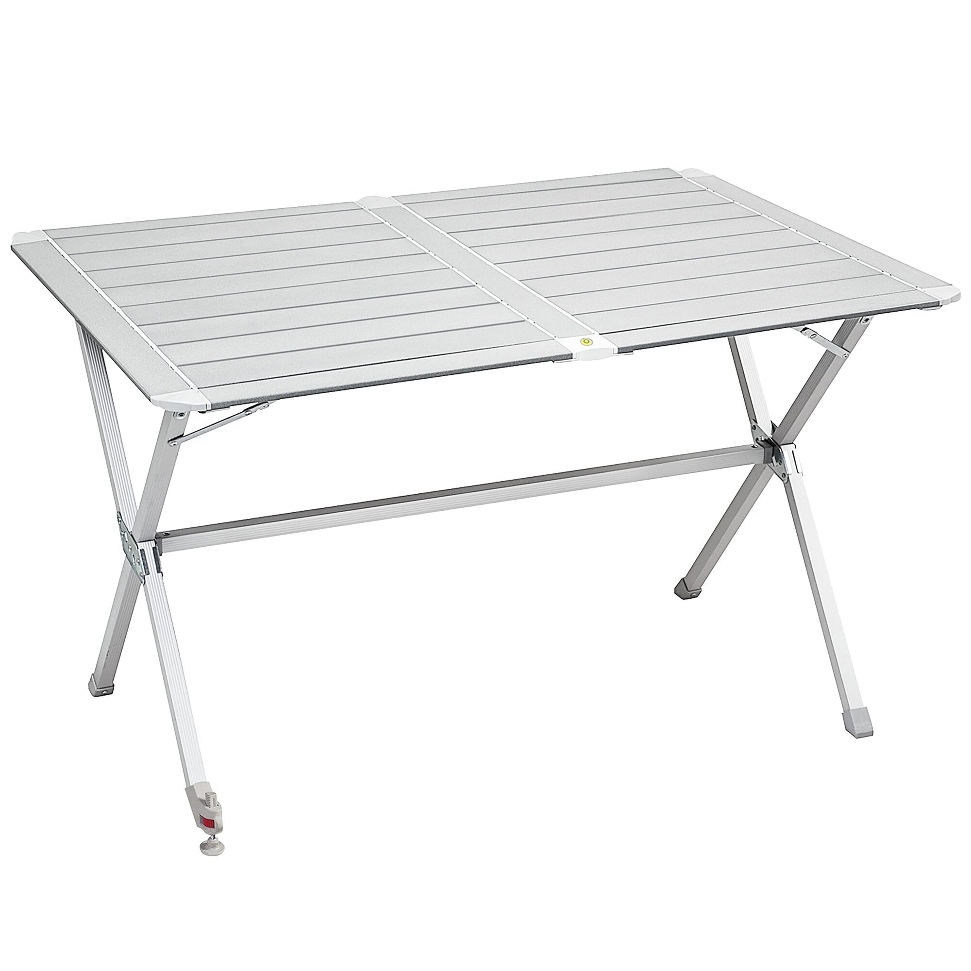 Rolltisch Silver Gapless 110 cm: rechteckige silberne Tischplatte mit parallelen Lamellen, klappbares X-Gestell aus Aluminium