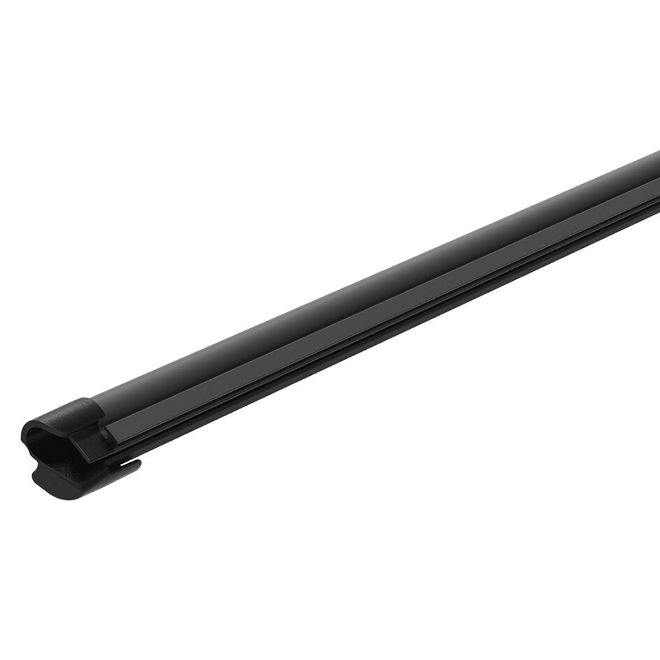 Schwarze, längliche Zelt- und LED-Schiene in Detailaufnahme, flaches Profil mit Endkappe und Nutführung am oberen Rand