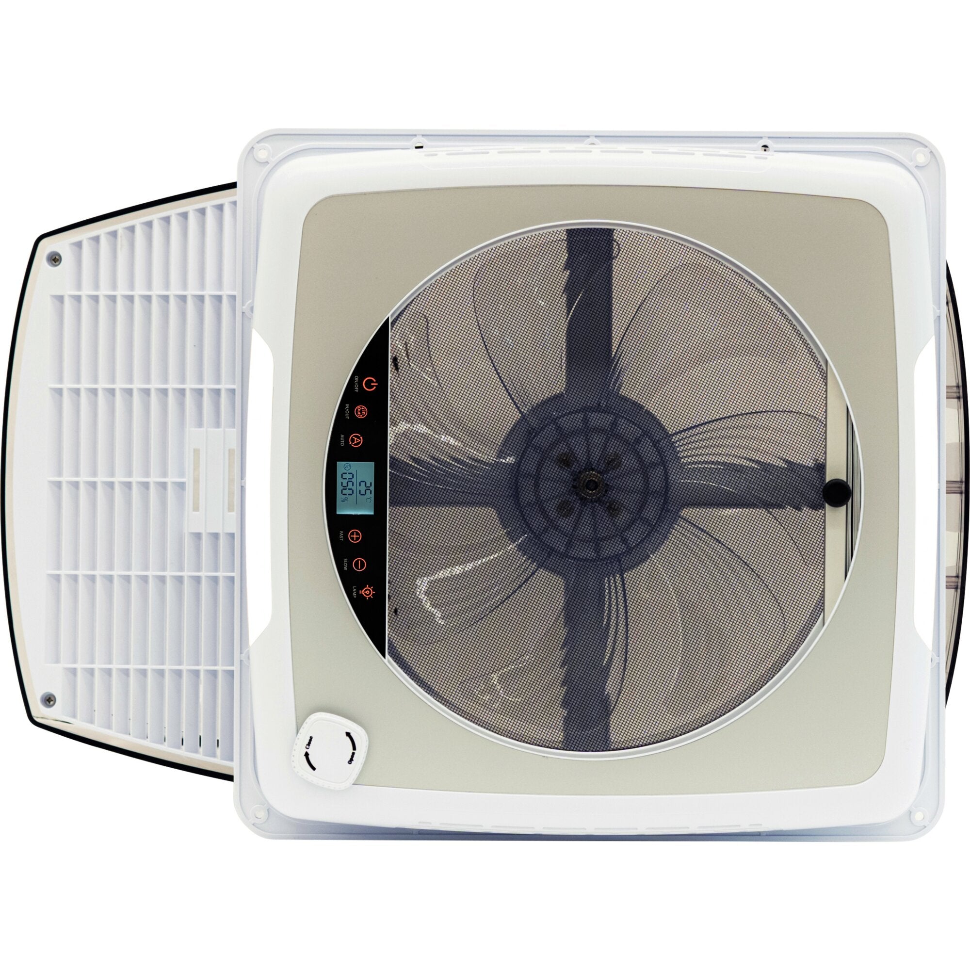 Weiße Dachventilator-Einheit mit rundem Frontgitter; dahinter Ventilatorflügel sichtbar; seitlich eine schwarze Bedieneinheit mit roten Symbolen
