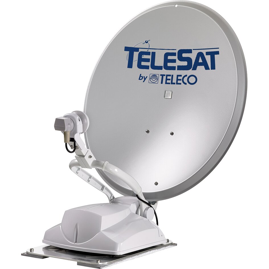 Parabolantenne mit LNB am Montagerarm, silbern glänzender Reflektor, weißer Unterbau, blaues TELESAT by TELECO Logo auf der Fläche