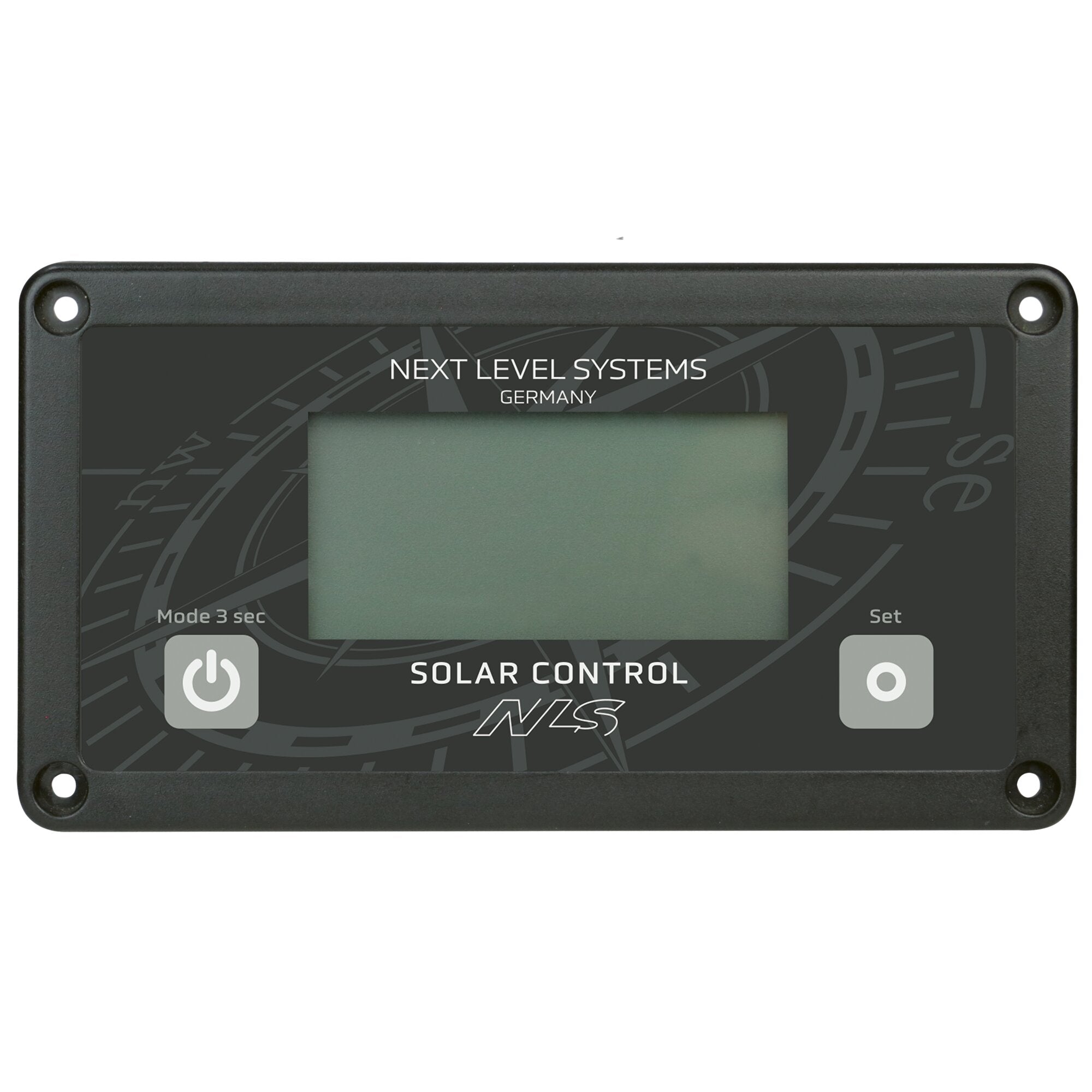 Schwarze rechteckige Solarfernanzeige mit breitem Rahmen und Schraubenlöchern in den unteren Ecken; Display zeigt NEXT LEVEL SYSTEMS GERMANY und darunter SOLAR CONTROL