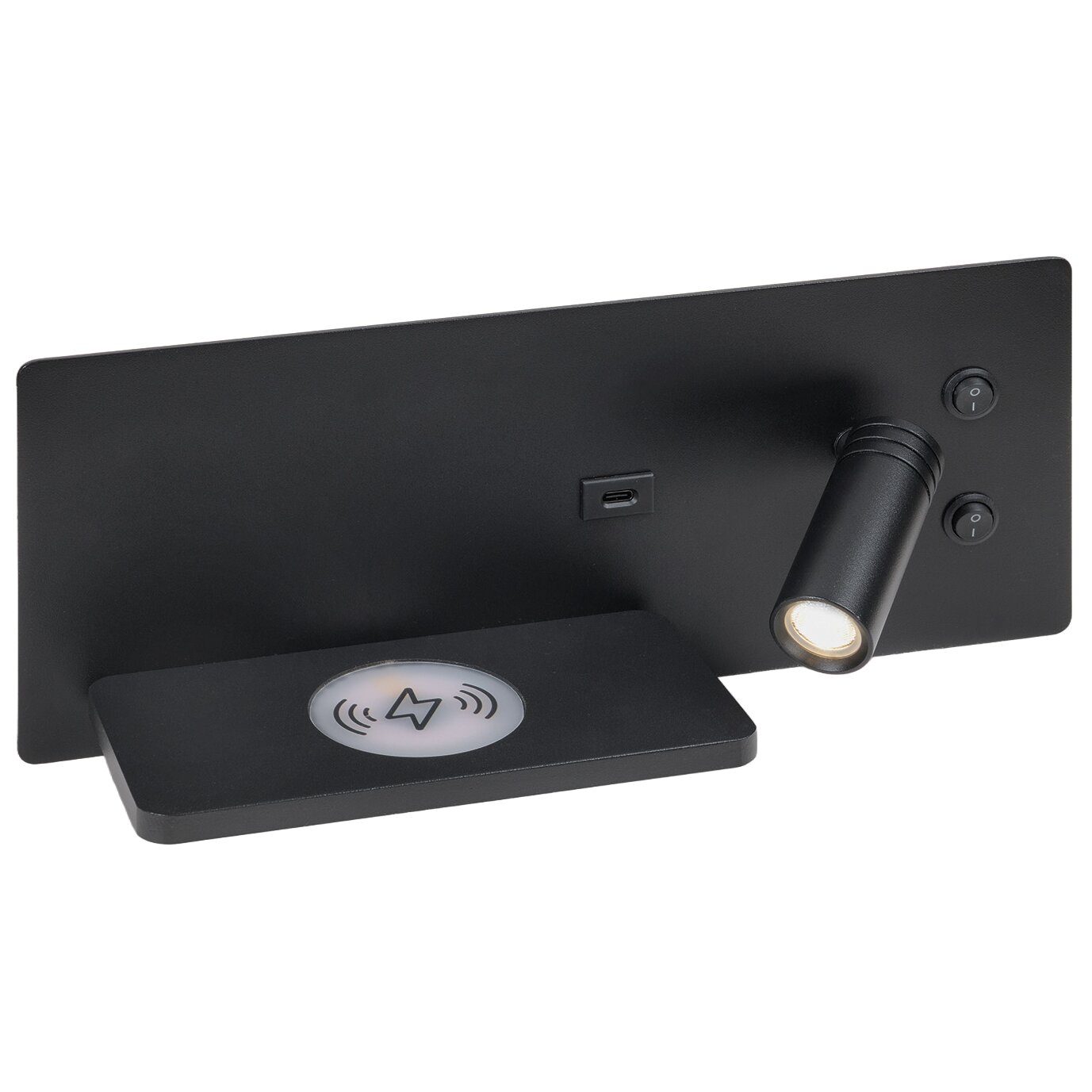 Kombileuchte mit Rückplatte, induktive Ladefläche unten links, USB-C-Port Mitte, rechts Leuchtkopf und zwei Schalter