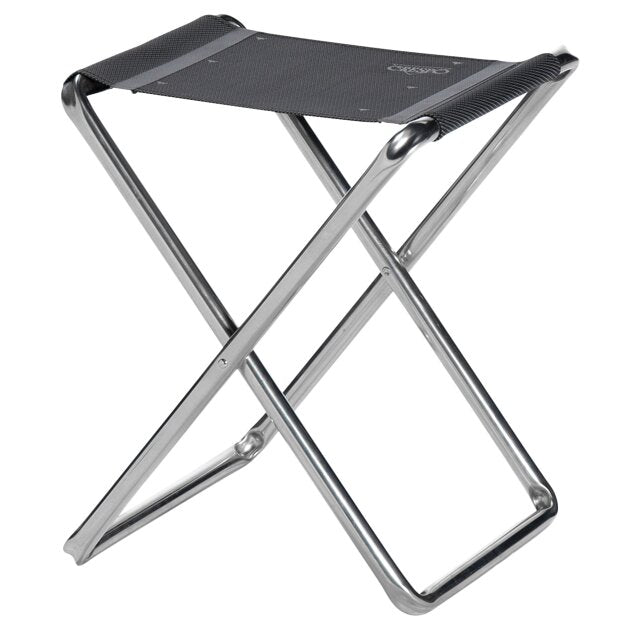 Hocker AL/301 Classic mit schwarzer Textil-Sitzfläche auf verchromten X-förmigen Stahlrahmen, kompakt klappbar
