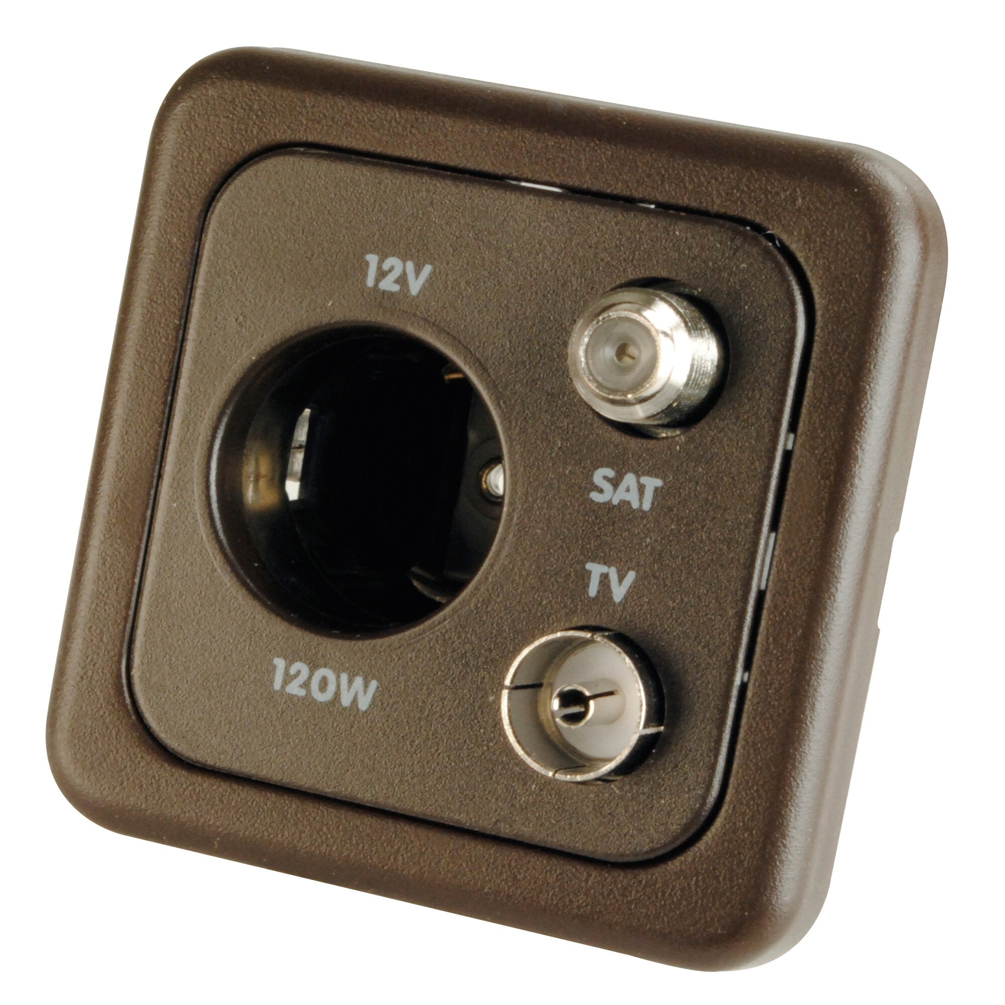 Detailaufnahme einer braunen Kombi-Steckdose mit 12V-Ausgang (120W) und TV/SAT Koaxanschluss