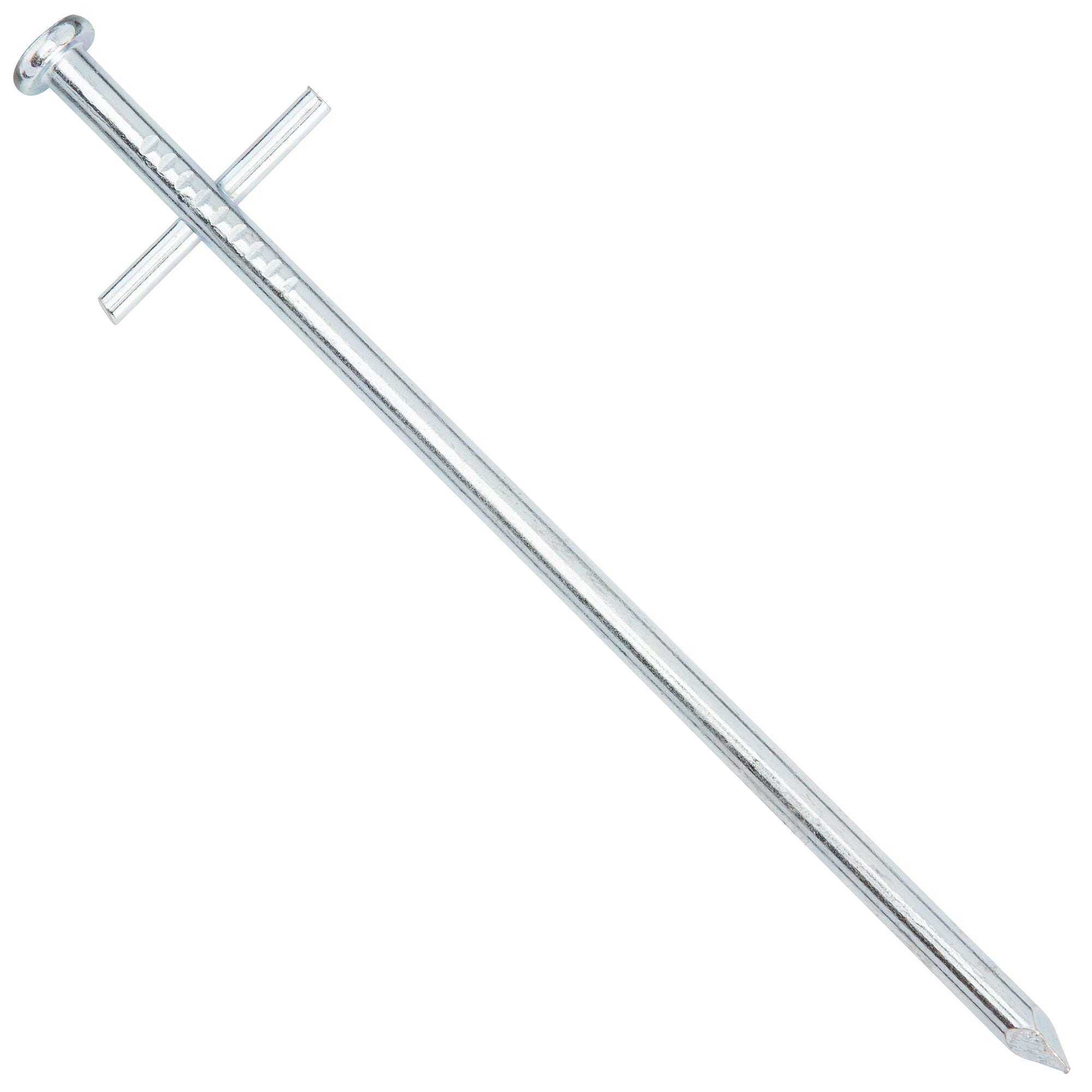 Felsnagel Tarzan, 17 cm, aus glänzendem Metall mit flachem Kopf und quer durch die Hauptstange verlaufendem Zweitstab, Nahaufnahme