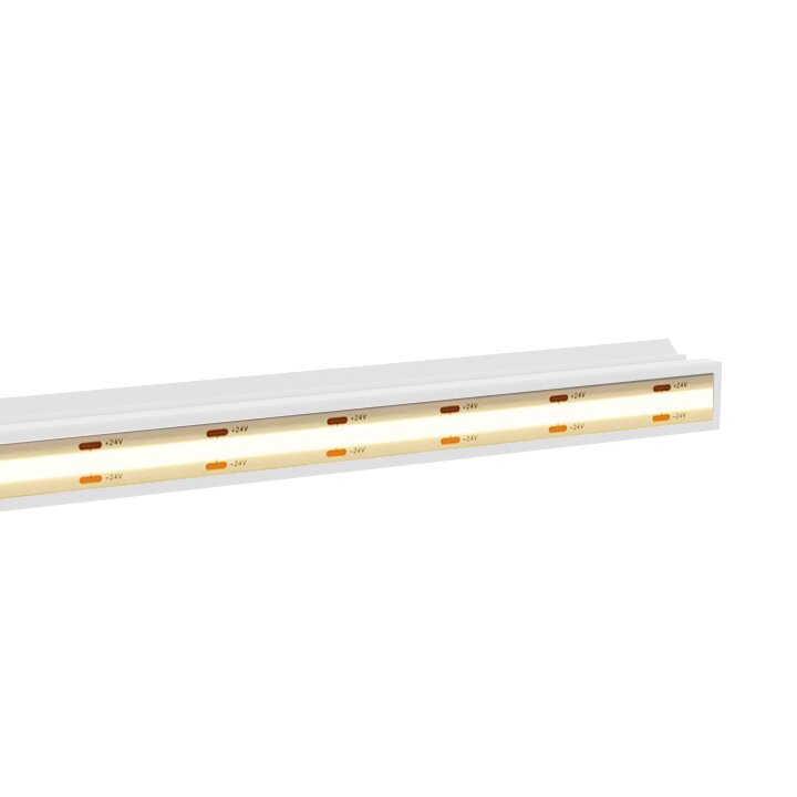 Lichtleiste Awning Case weiß, lange rechteckige Leiste mit durchsichtiger Abdeckung und warmweißem LED-Streifen; orange Kontakte sichtbar