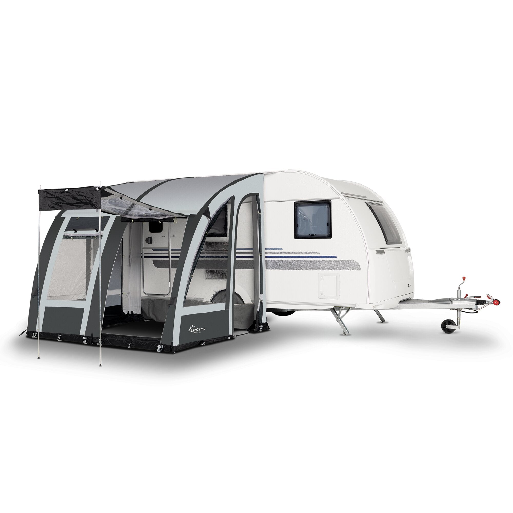 Magnum Air Force Klimatex 260 Reisenvorzelt am weißen Caravan; dunkelgrauer Anbau mit transparenten PVC-Seitenfenstern und Stützbeinen