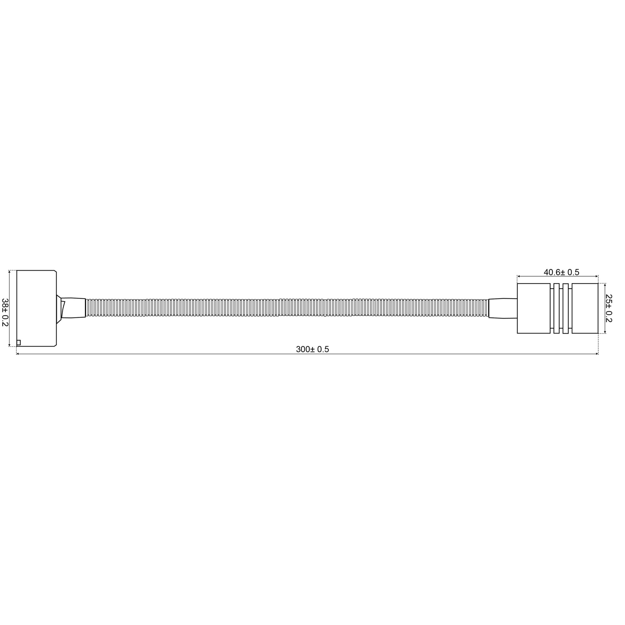 Technische Zeichnung einer Aufbauleuchte LED1x2SSH22S: rechteckiger Fuß, langer flexibler Schwanenhals, Steckverbinder; Länge 300 ±0,5 mm