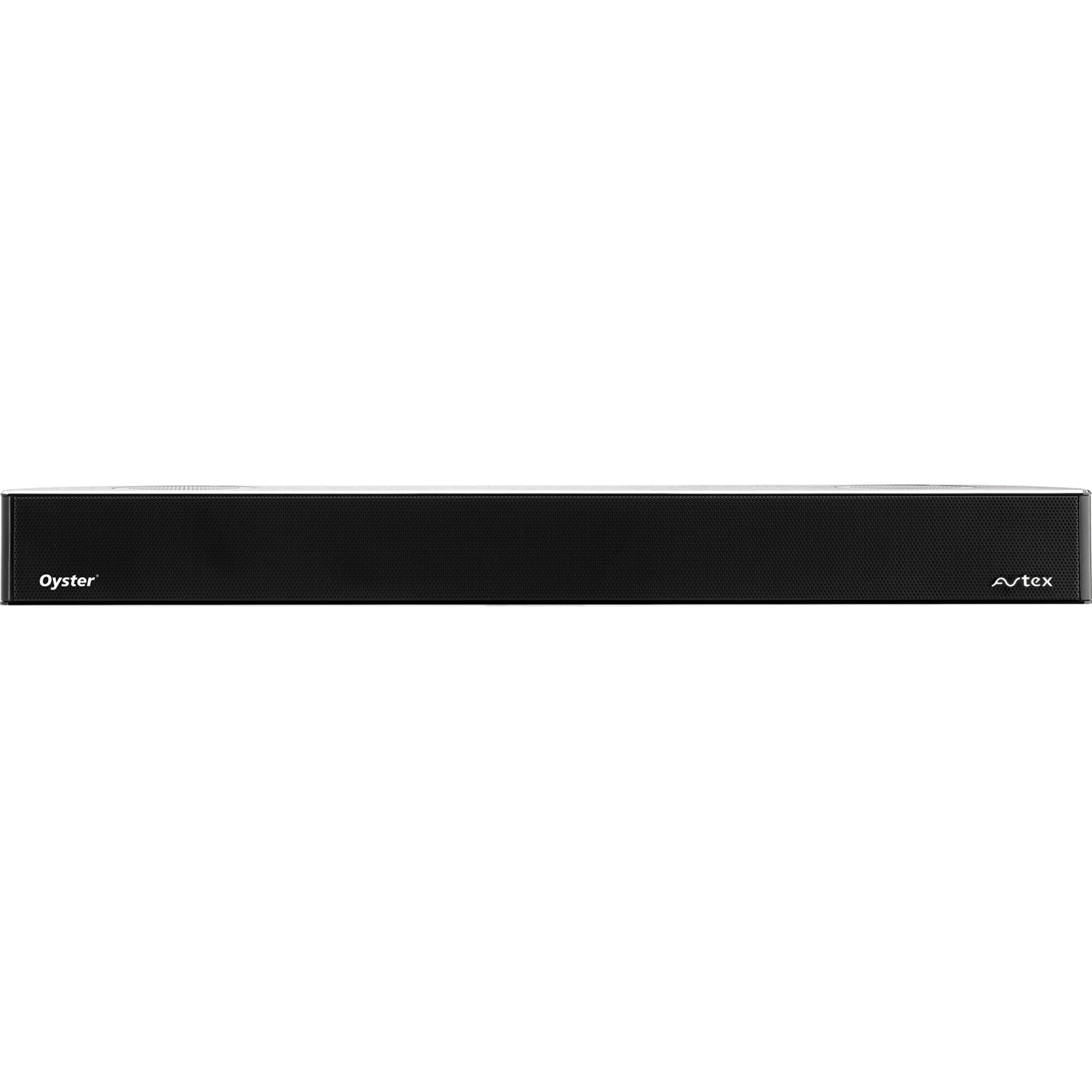 Schwarze flache Soundbar mit perforiertem Frontgitter, links das Oyster-Logo, rechts das Avtex-Logo