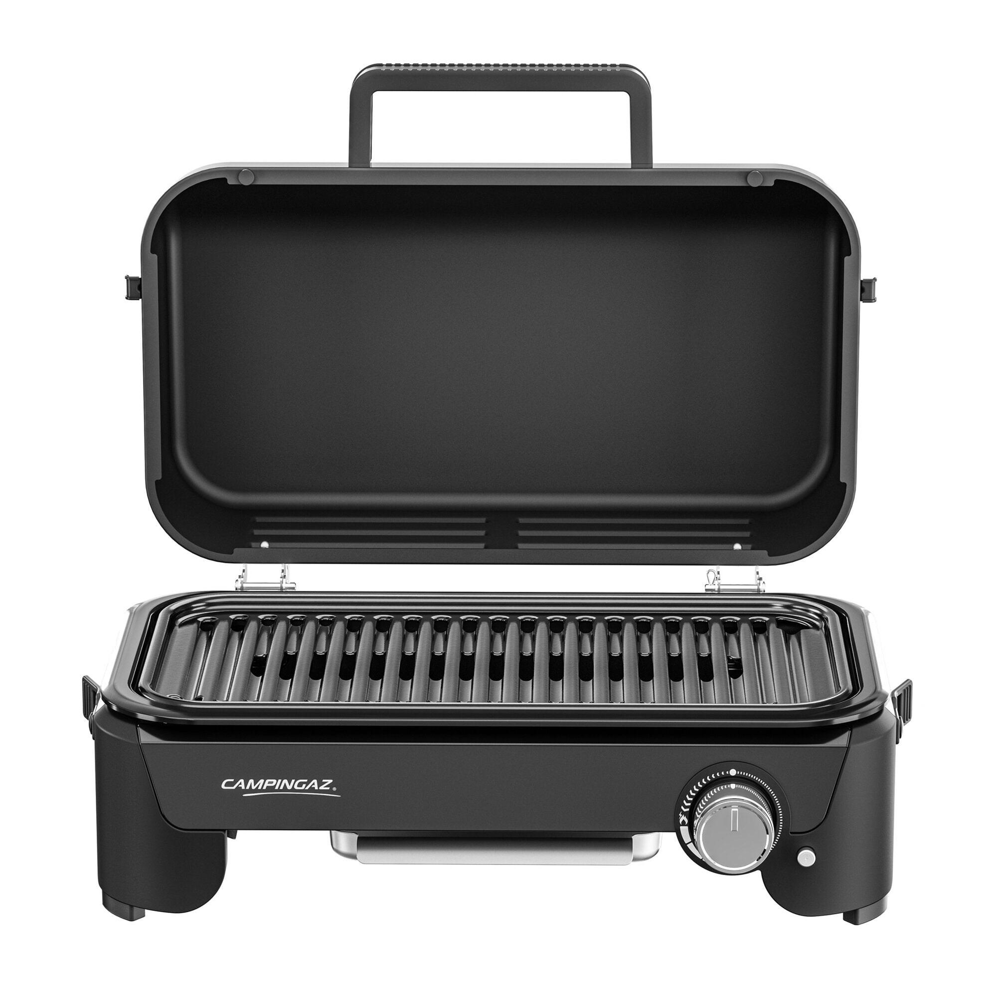 Schwarzer kompakter Campinggrill Tour & Grill CV Plus mit offenem Deckel, gerippter Grillrost und Frontbedienknopf, Campingaz-Logo