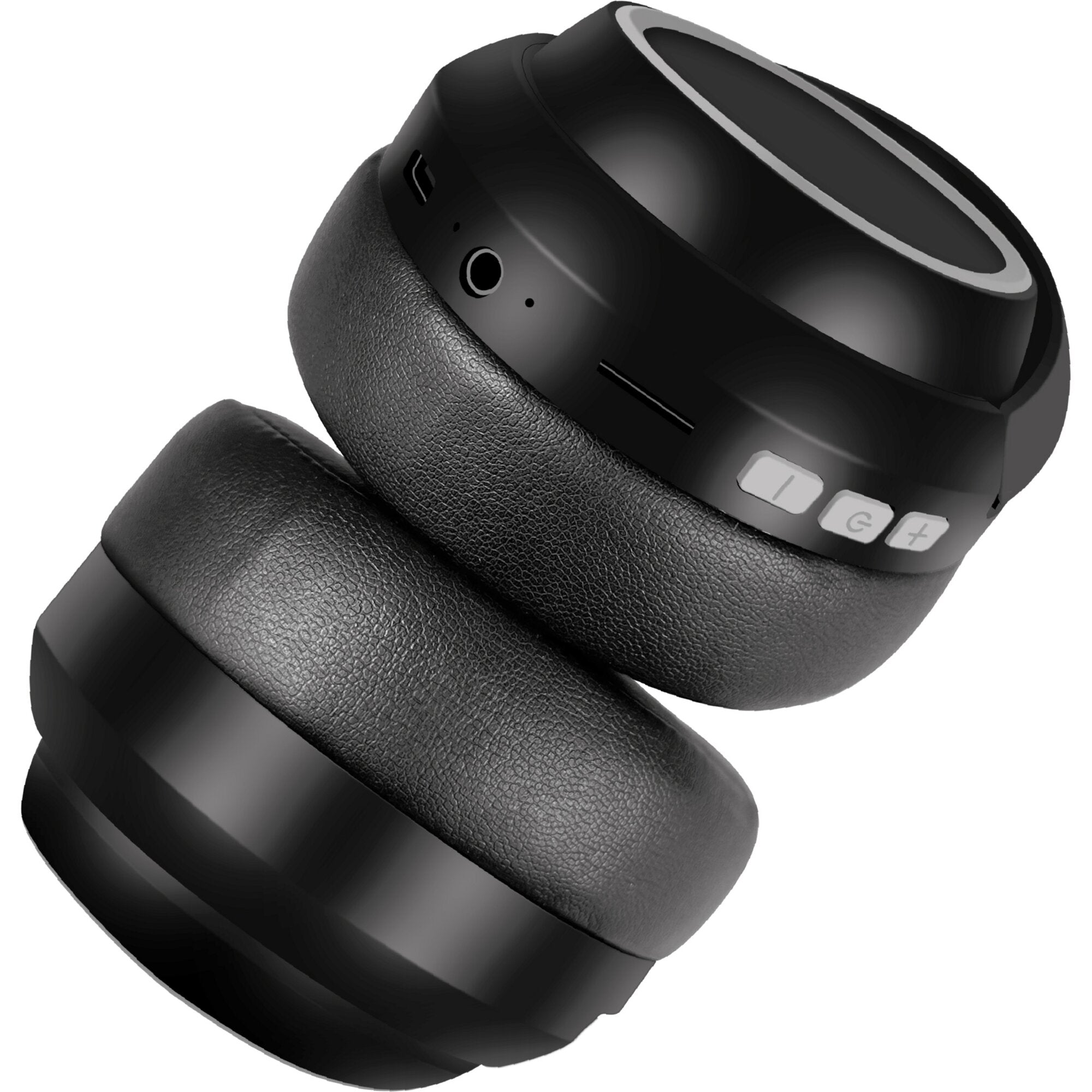 Megasat MEG-BH01 Bluetooth-Kopfhörer, Nahaufnahme einer schwarzen Ohrmuschel mit lederähnlichem Polster und Bedienelementen am Kopfband