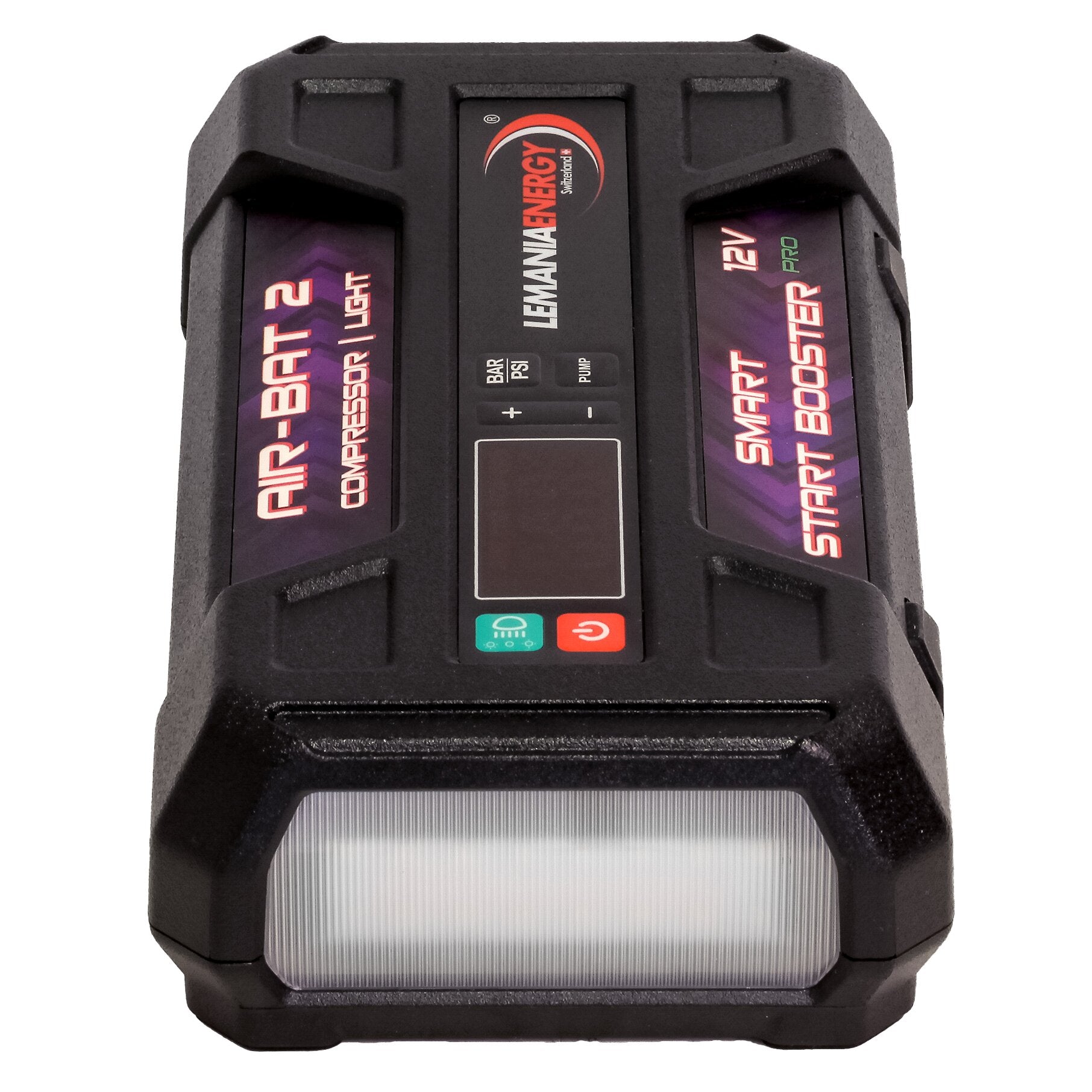 Air-Bat 2 Jumpstarter mit Starthilfe und Kompressor in schwarzem Gehäuse, Oberseite mit drei Abschnitten sichtbar: links und rechts Akkublöcke mit Aufklebern, mittig Bedienfeld