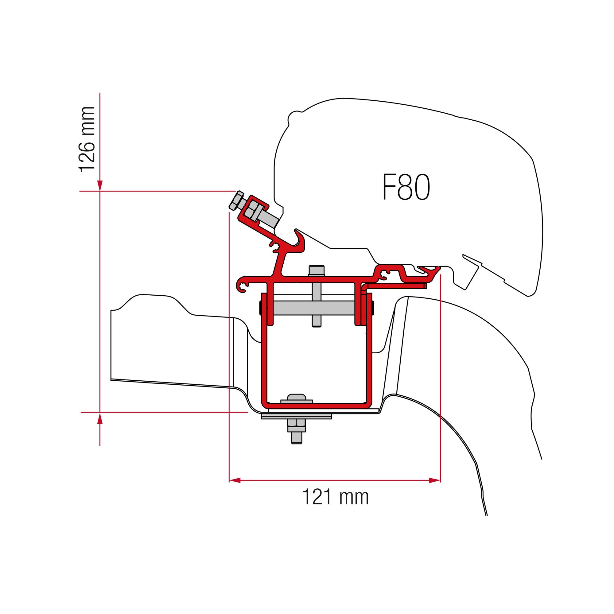 Schematische Zeichnung eines Markisenadapter-Kits: rote Montagestruktur mit grauen Schraubteilen und Bolzen, Maße 121 mm Breite und 26 mm Höhe