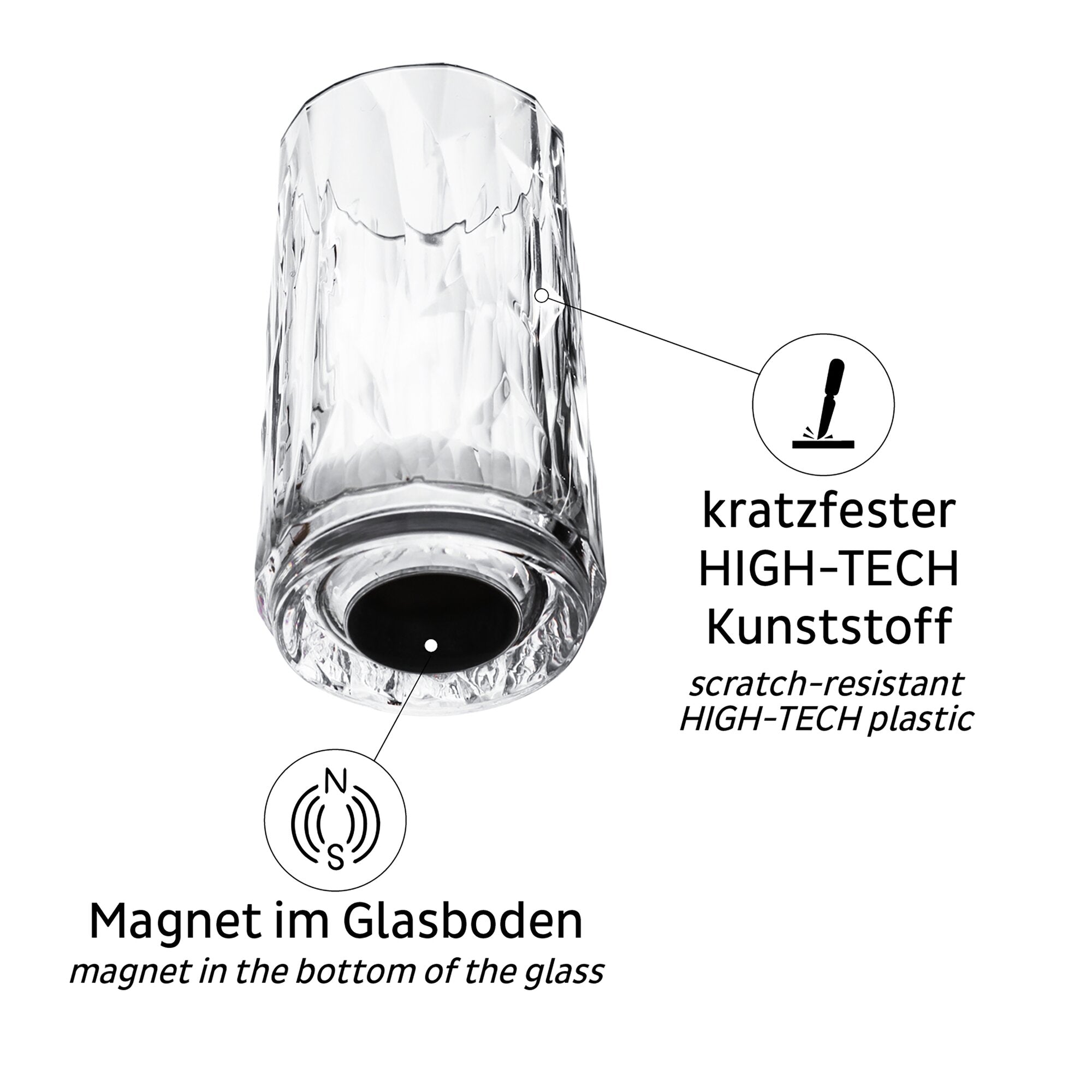 Nahaufnahme eines klaren, facettierten Schnapsglases mit schwarzer Bodenplatte; kreisförmiges Symbol mit N und S kennzeichnet den Magneten im Glasboden