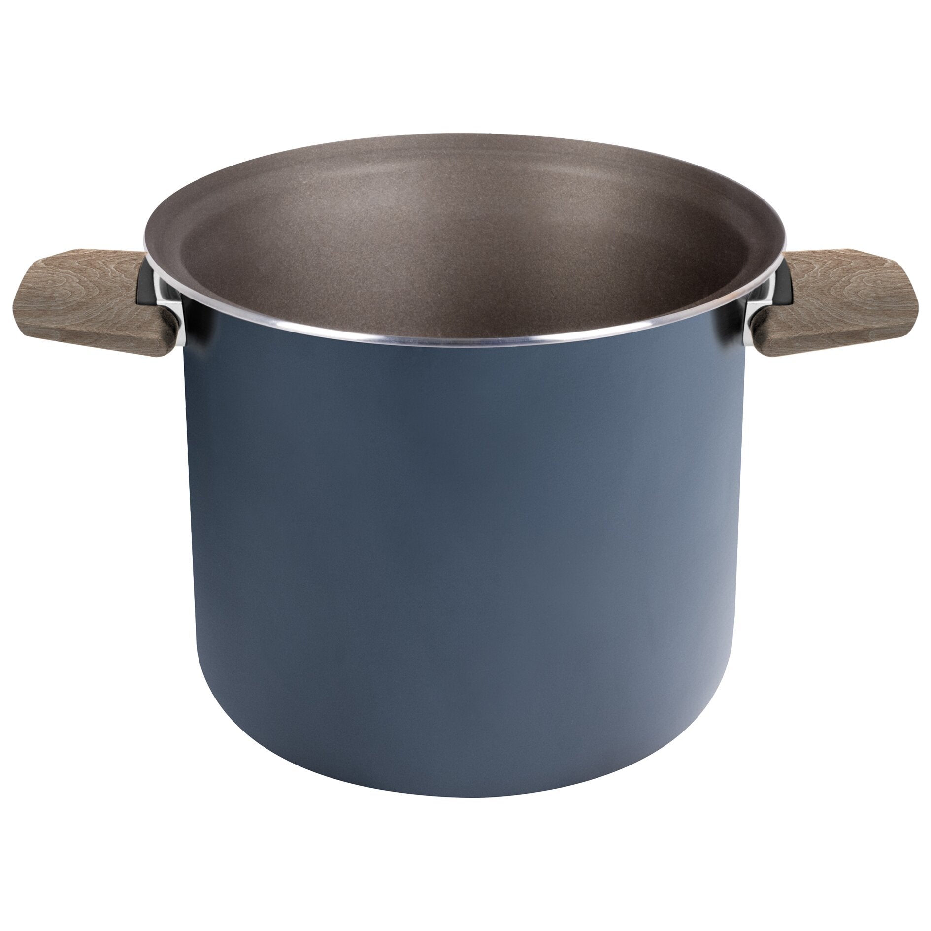 Kochtopf Torralta, 20 cm, blau mit brauner Innenfläche und holzfarbigen Griffen an beiden Seiten vor weißem Hintergrund