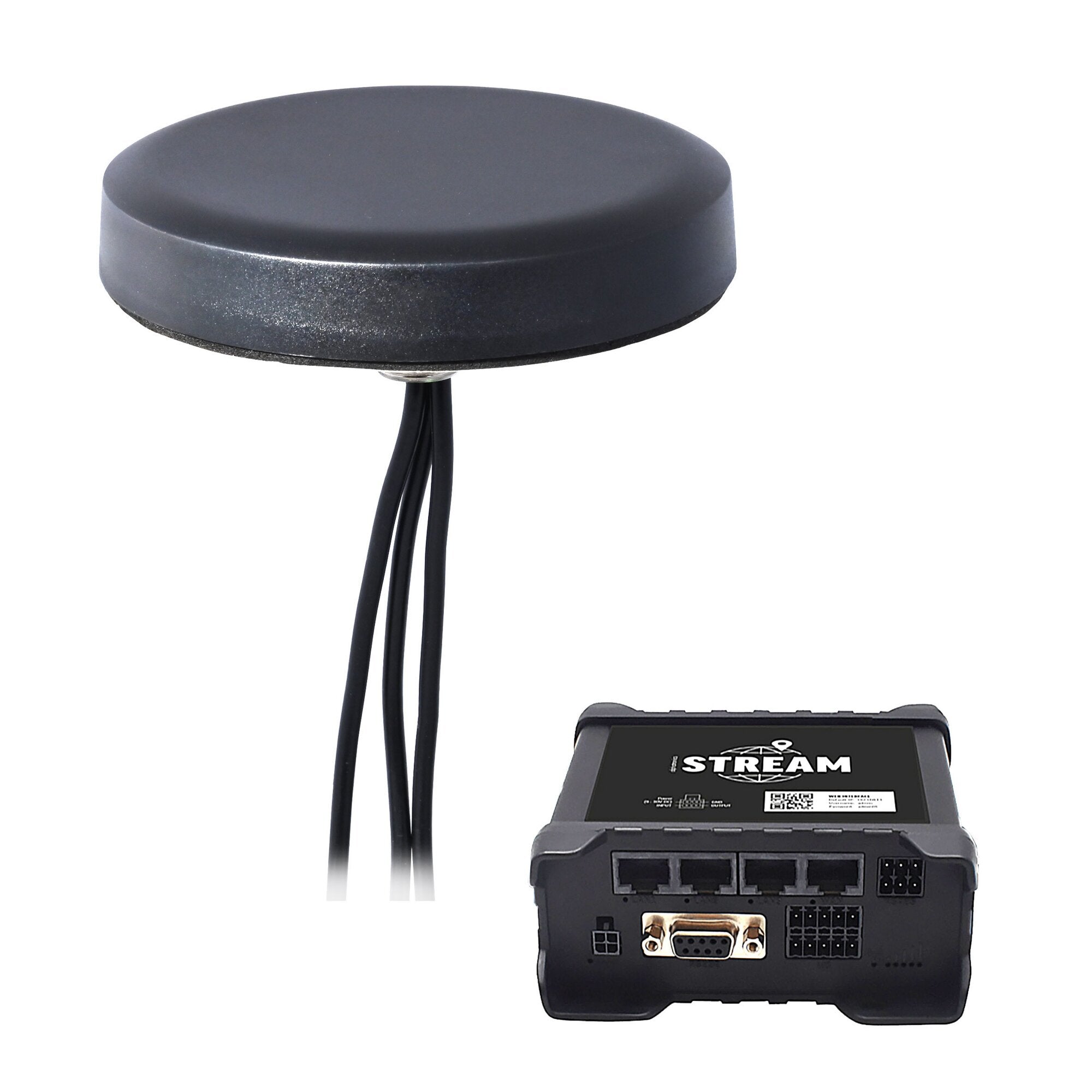 Rundes, schwarzes Gehäuse eines Routers oder Antennenmoduls mit mehreren Kabeln; sichtbar sind Anschlussports am unteren Gehäuse und das STREAM-Logo