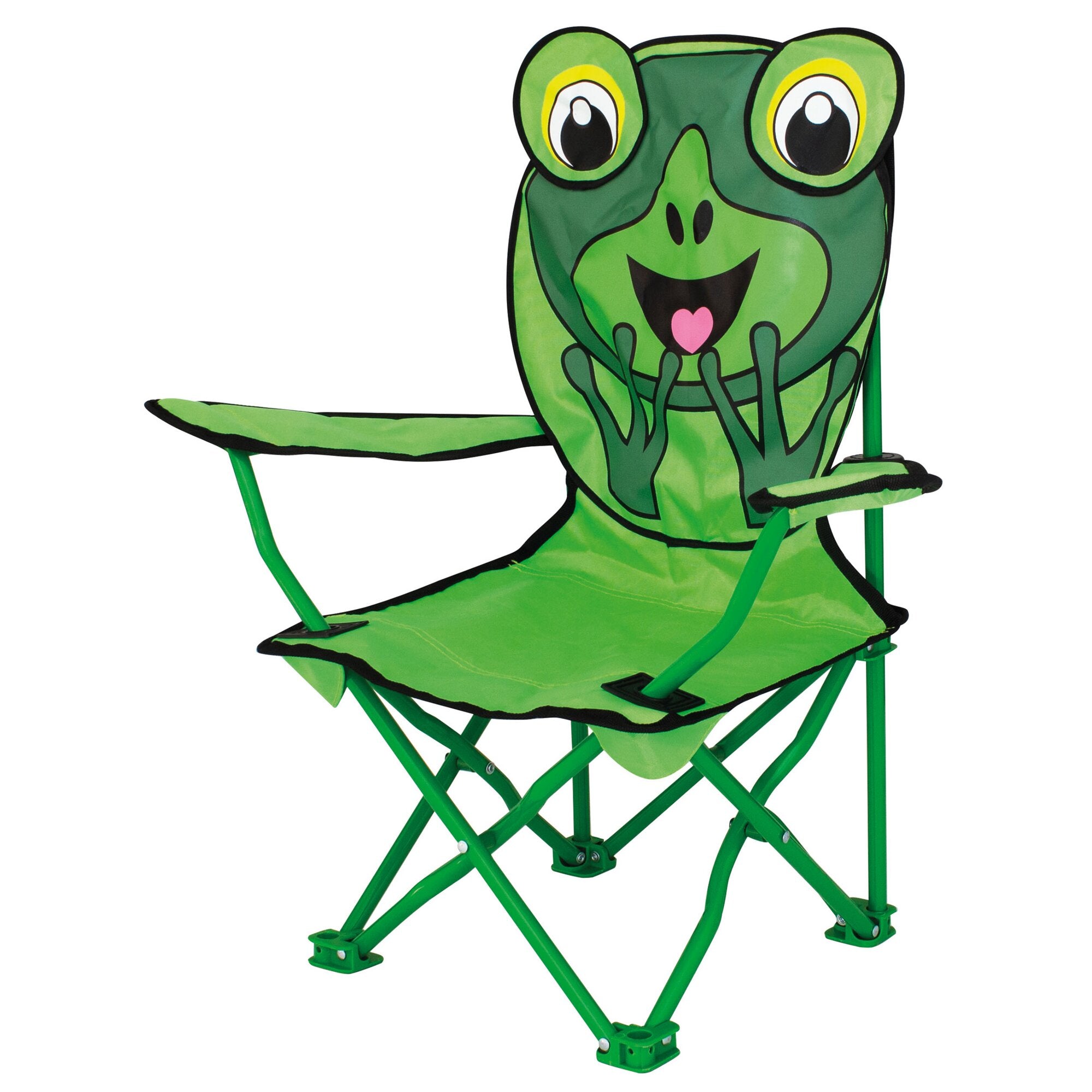 Grüner Kinder-Faltstuhl mit Froschmotiv; Rückenlehne zeigt ein großes Froschgesicht mit großen Augen, gelbem Augenring, grünem Körper und klappbarem Metallgestell