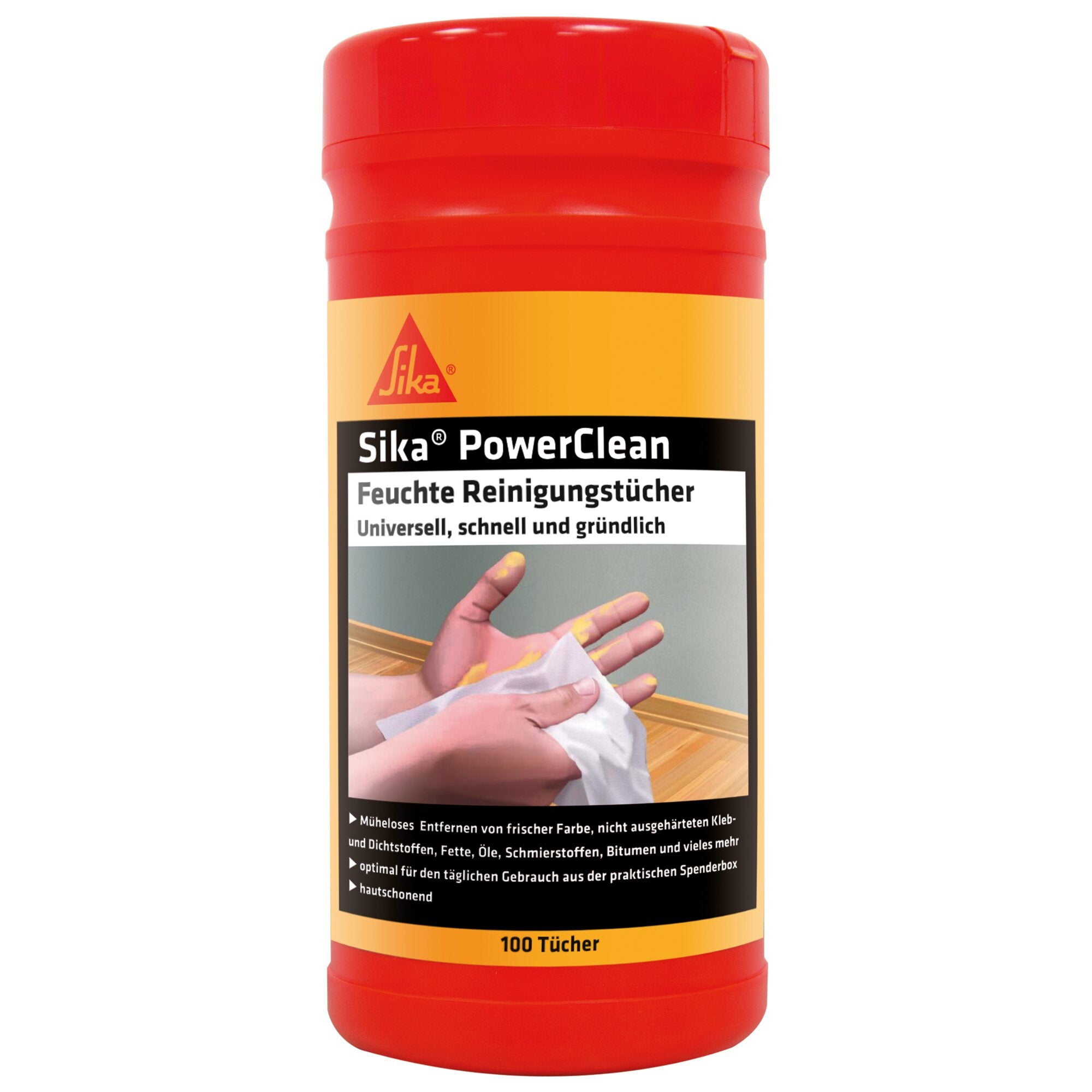 Roter Deckel auf orangefarbenem Behälter mit Sika-Logo, Text Sika PowerClean Feuchte Reinigungstücher 100 Tücher