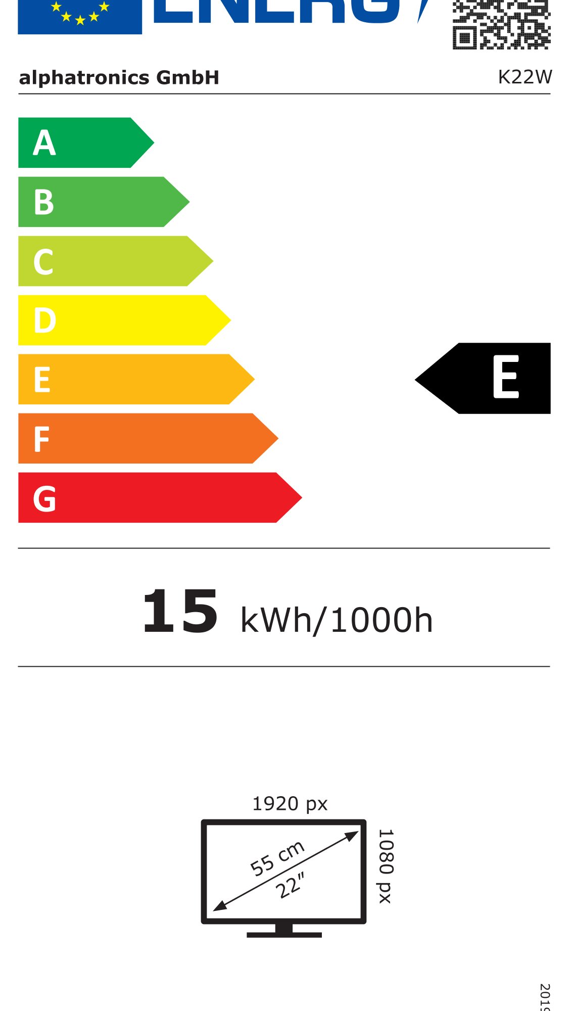 Energiekennzeichnung eines 22 Zoll Fernsehers der K-Linie (55 cm) mit farbigen Balken A bis G und rechts schwarzes E-Signet alphatronics GmbH 15 kWh/1000h