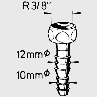 Gerade Messing-Schlauchtülle mit Innengewinde R 3/8 Zoll; Schaft mit vier Ringen, Ø 12 mm oben, Ø 10 mm unten
