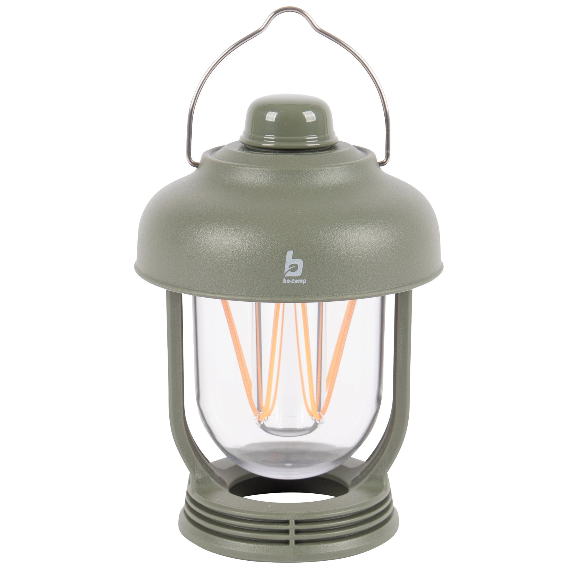 olivgrüne Campinglampe mit gebogener Metallhalterung als Tragegriff, rundem Deckel und klarem Glasgehäuse mit orangefarbenen LED-Filamenten