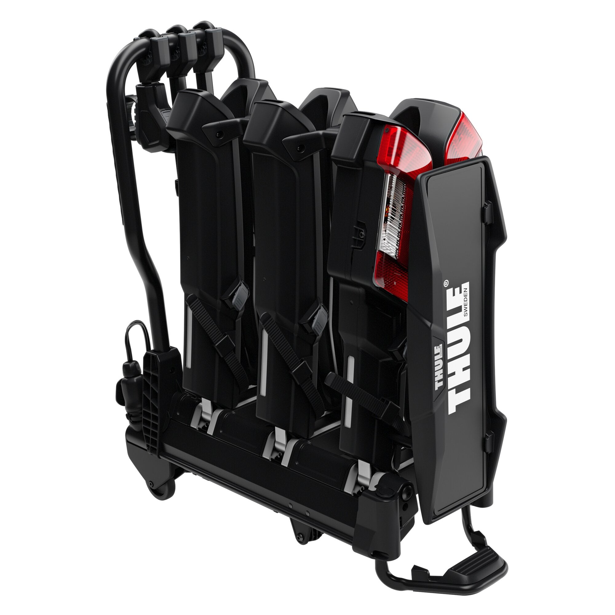 Detailansicht des Thule EasyFold 3 Fahrradträgers mit schwarzen Halteplatten, roten Rückleuchten und sichtbaren Befestigungsteilen