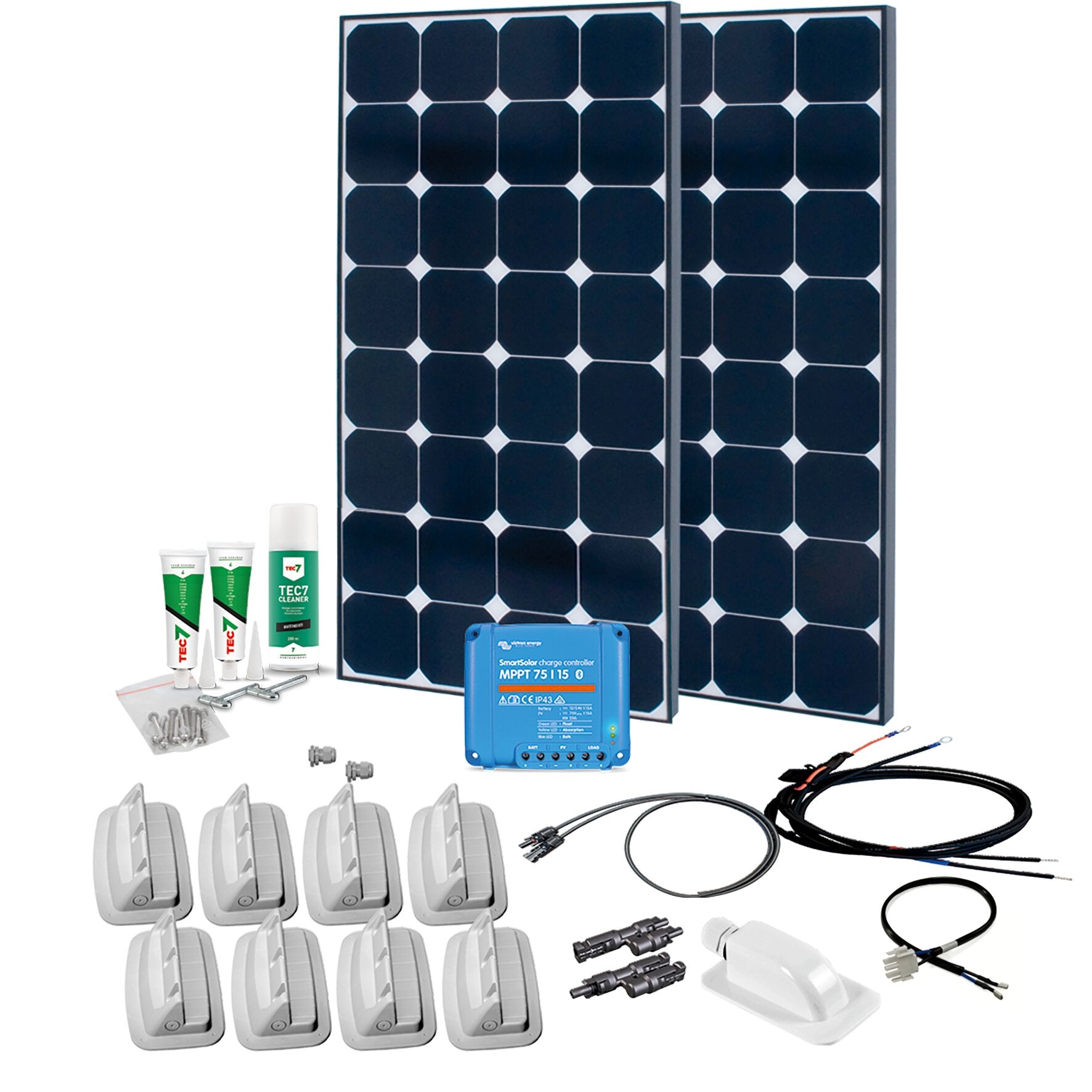 Solar Peak 240 Wp Komplettanlage mit zwei Solarmodulen, einem MPPT-Laderegler, Kabeln, Montageset und Zubehör