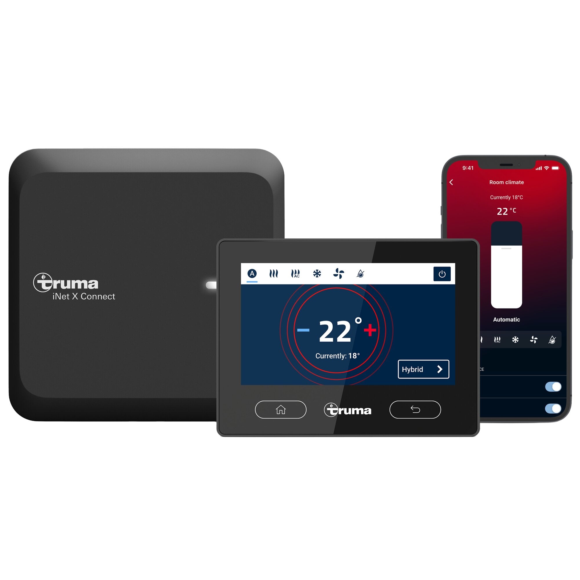 Mehrere dunkle Bildschirme zeigen das iNet X Connectivity Set 2 für das iNet X Panel 2 von Truma, mit Temperatur- und Raumklimaanzeige