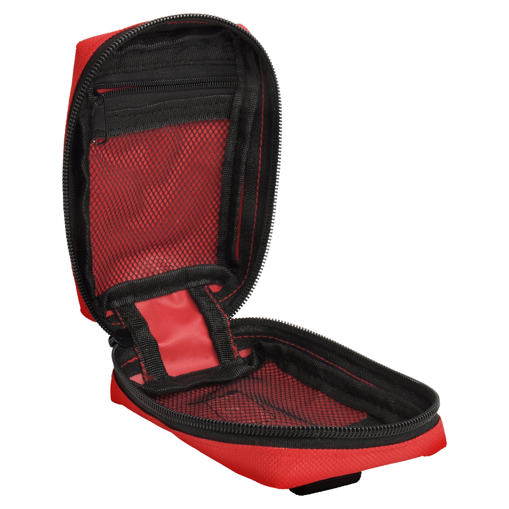 Offen stehendes rotes Erste-Hilfe-Set Hiking Etui mit schwarzen Innenfächern, Netzabteil und Reißverschluss