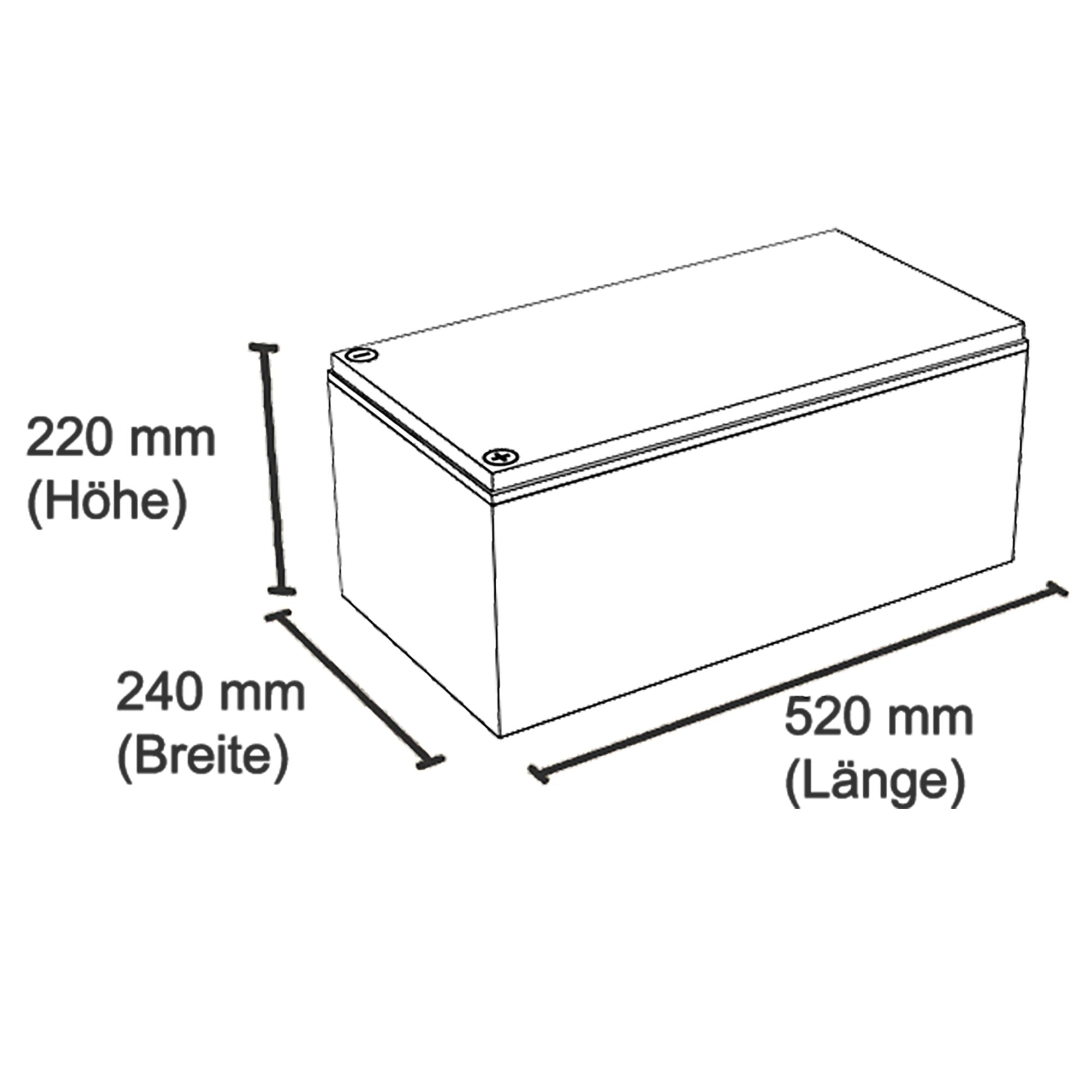 Isometrische Darstellung eines rechteckigen Lithiumbatterie-Gehäuses mit Deckel und Schraubverbindungen; Abmessungen 220 mm hoch, 240 mm breit und 520 mm lang