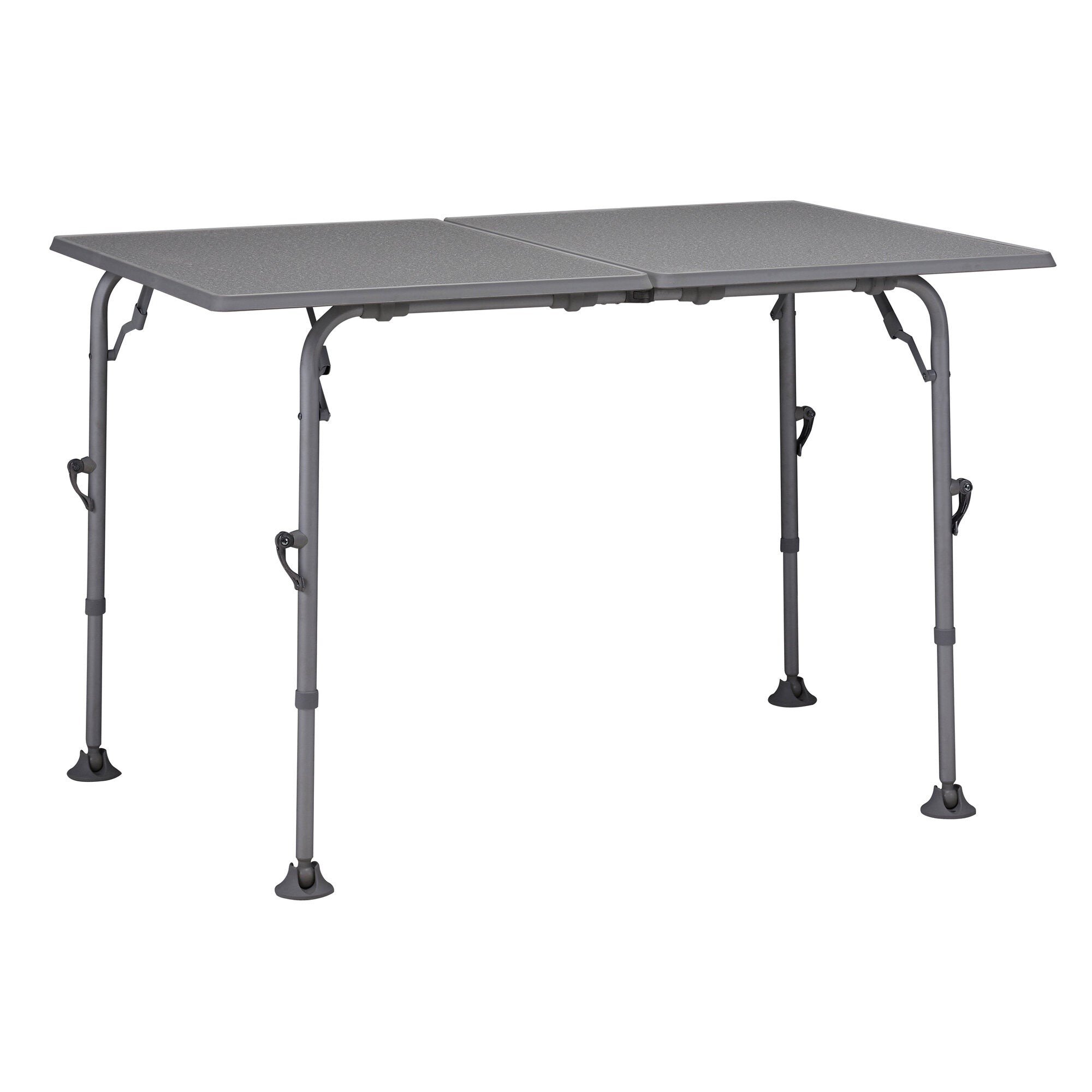 Klapptisch Extender, zwei graue Tischplatten nebeneinander mit Mittellinie, stabile Metallbeine, Verriegelungen unter der Platte und runde Gummi-Fußkappen