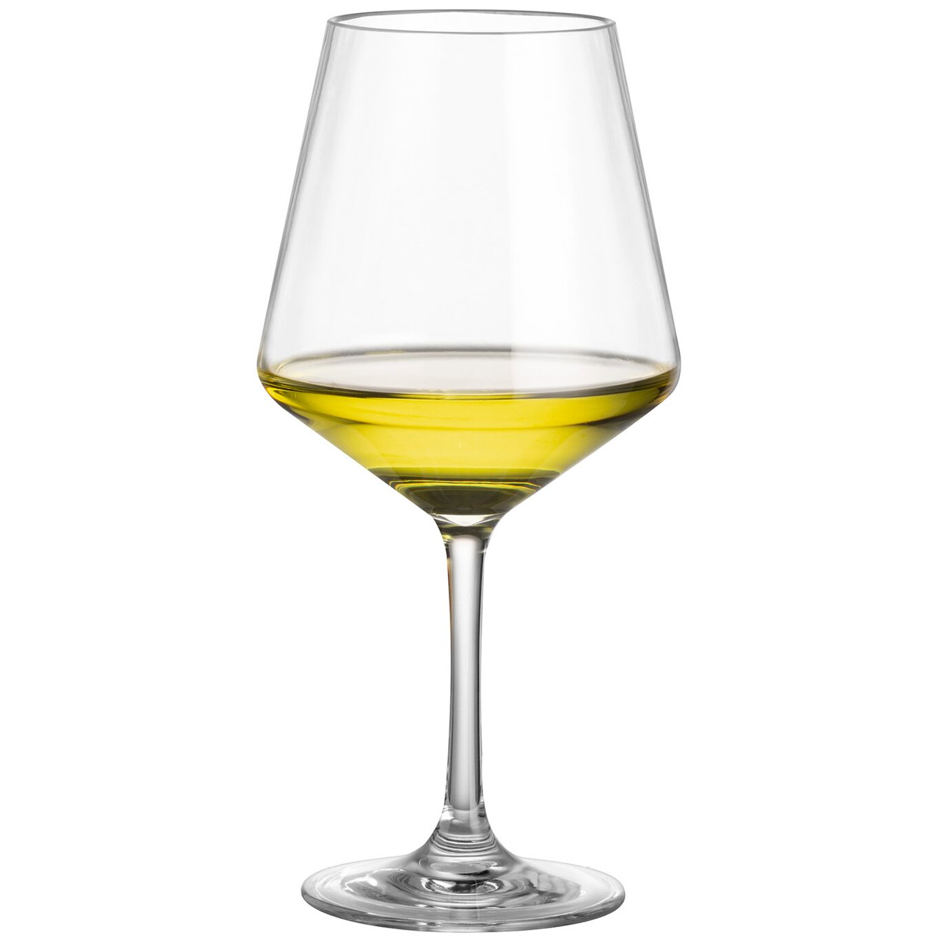 Transparentes Rotweinglas mit langem Stiel und schlanker Schale, im unteren Bereich gelb-goldener Wein sichtbar