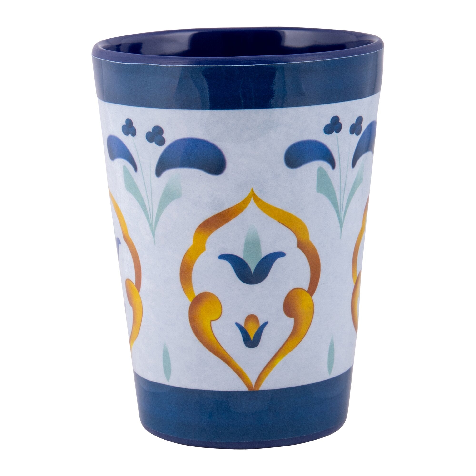 Teil des Sicilian 16-teilig Geschirrsets, Nahaufnahme eines Keramikbechers mit dunkelblauem Rand und Muster in Blau und Orange