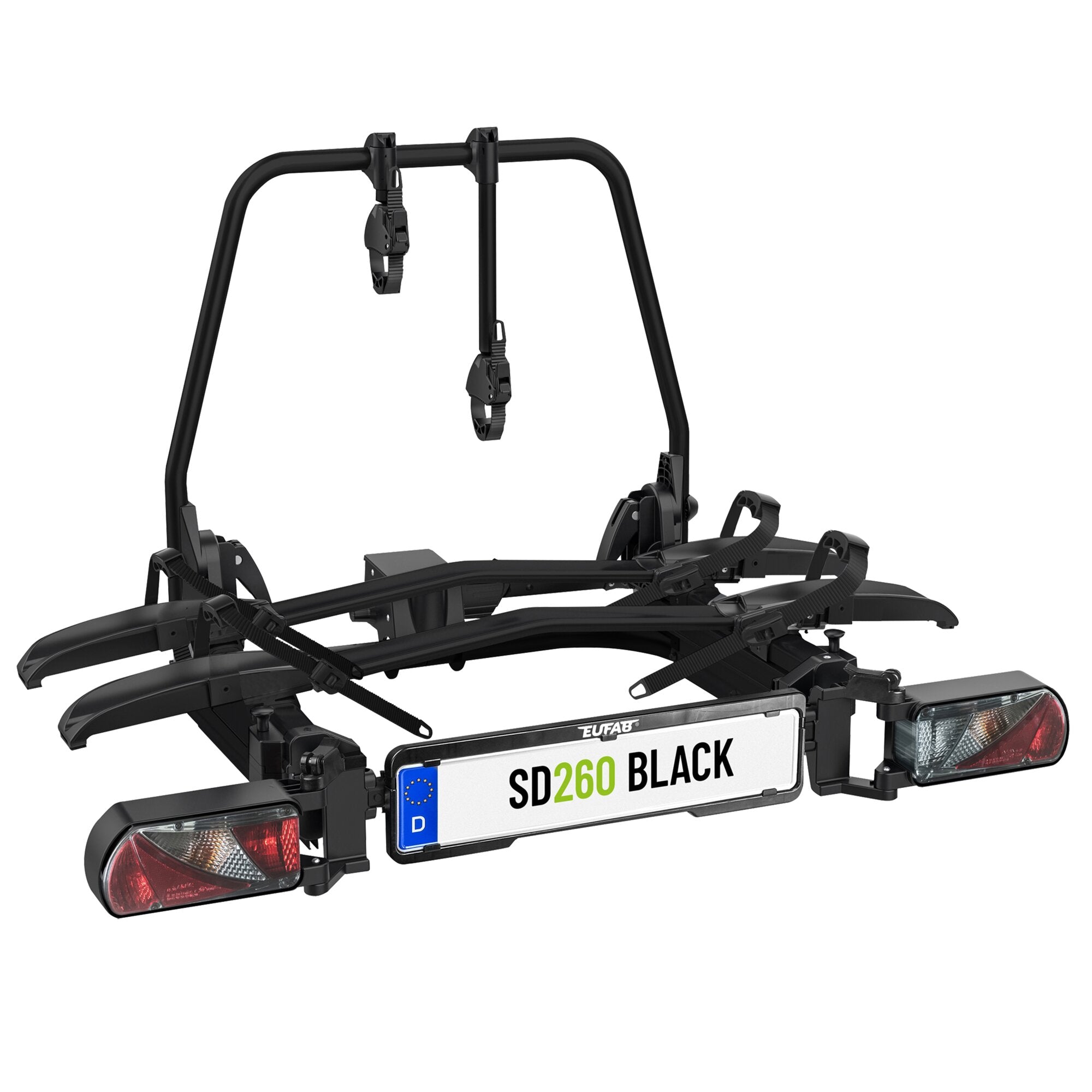 Schwarzer Fahrradträger für Anhängerkupplung am Heck eines Autos, mit zwei vertikalen Ständern, oberer Querstange und verstellbaren Spanngurten
